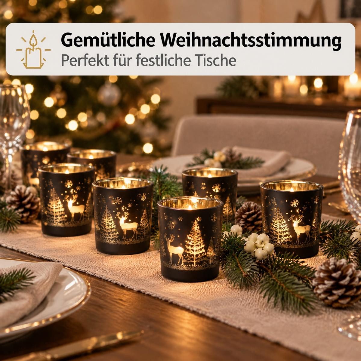 Kamelio Teelichthalter 12er Set Teelichtgläser schwarz gold Windlicht Tischdeko (12 St., 12) – Bild 4 von 5