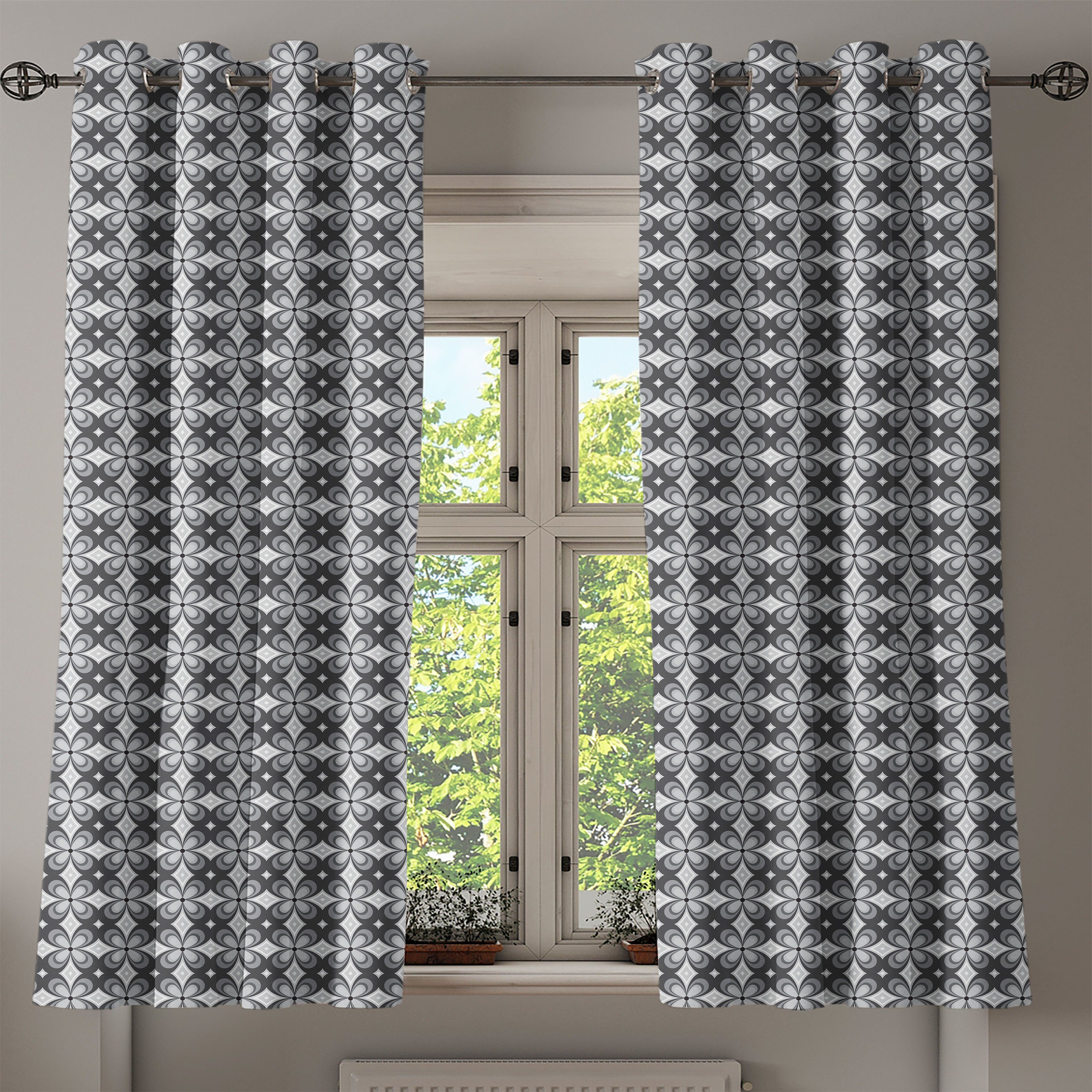 Blumenmotive Retro Schlafzimmer Abakuhaus, 2-Panel-Fenstervorhänge Einfache Grau für Gardine Wohnzimmer, Dekorative