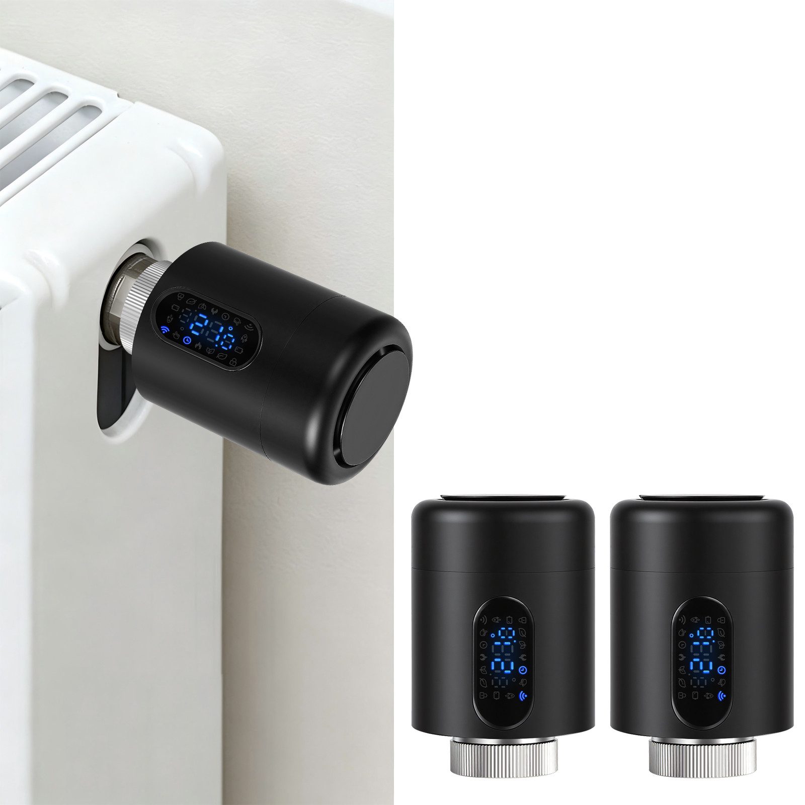 Clanmacy Heizkörperthermostat Smartes Thermostat WiFi, App-Steuerung, Smart Life/Tuya, Schwarz, 2er, (14 St)