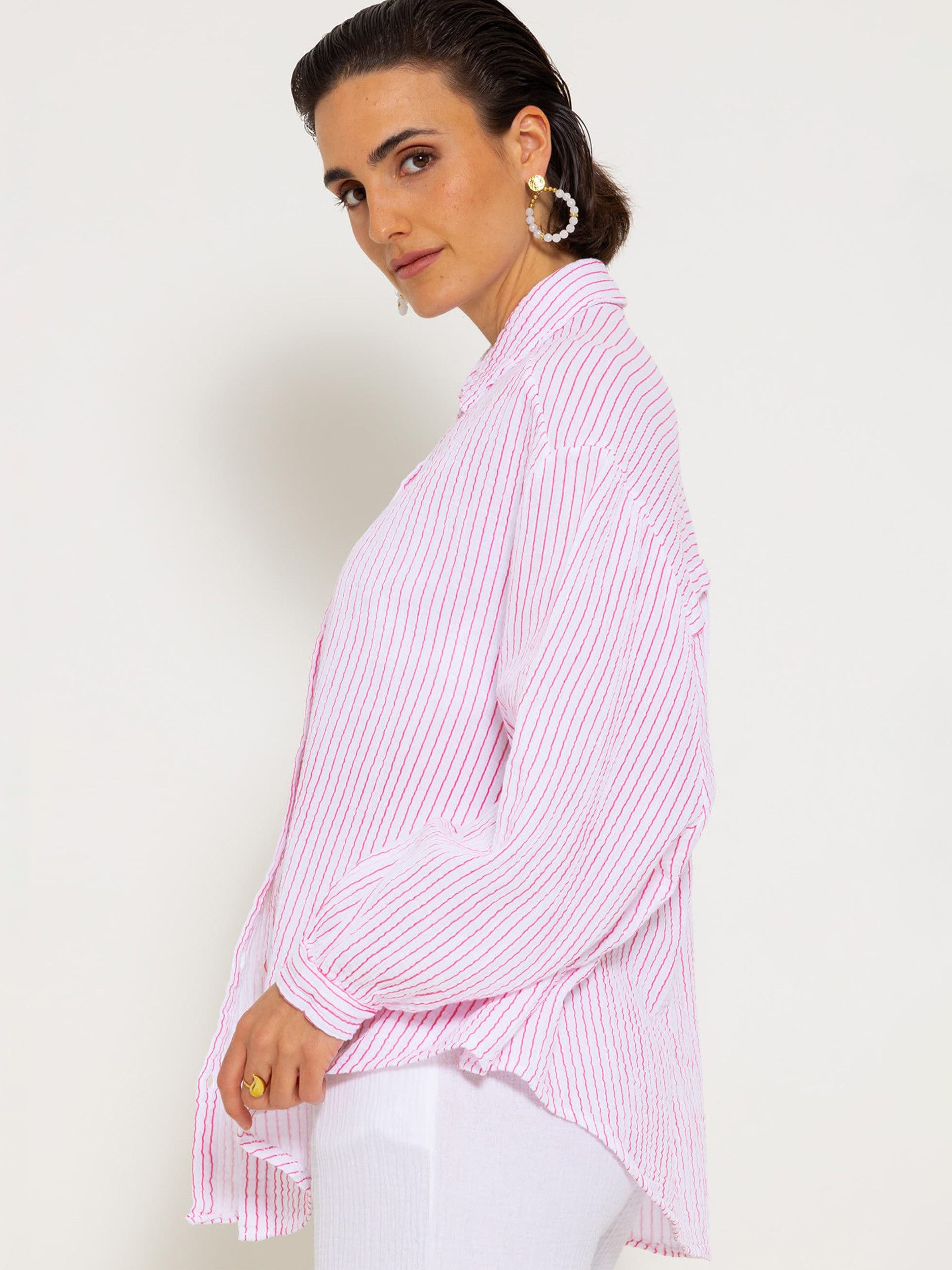 SASSYCLASSY Longbluse Oversize Musselin Bluse Damen Langarm gestreift Hemdbluse lang aus 100 % Baumwolle