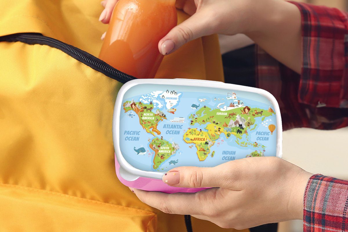 - Kunststoff Mädchen, Brotdose (2-tlg), Weltkarte rosa Snackbox, Kinder, Erwachsene, Tiere, Kinder Lunchbox für Kunststoff, - Brotbox MuchoWow