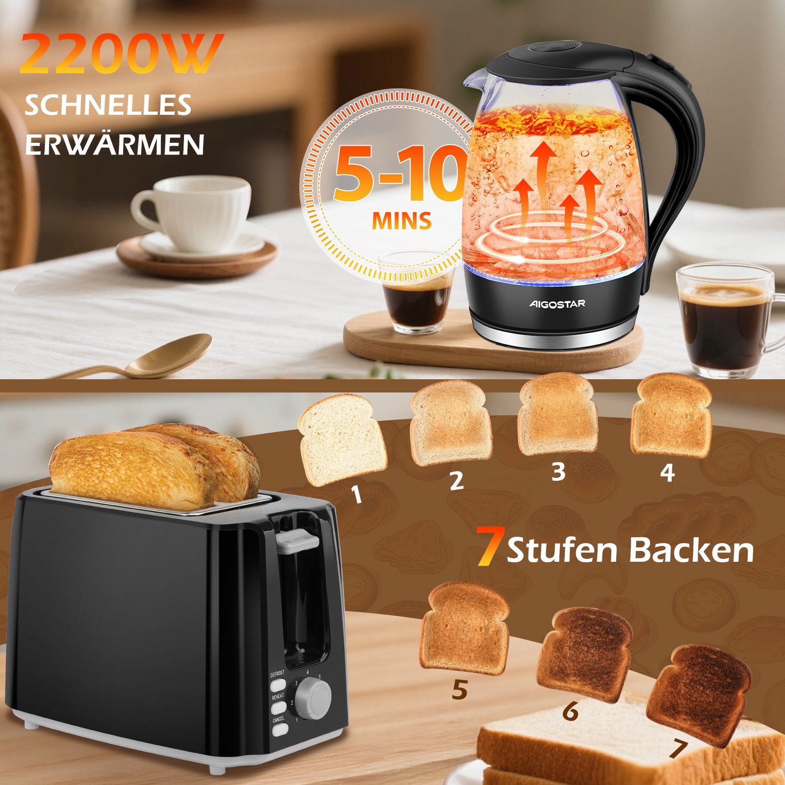 Aigostar Frühstücks-Set (2-tlg), Wasserkocher 1,7L / 2-Scheiben Langschlitz Toaster, Schwarz