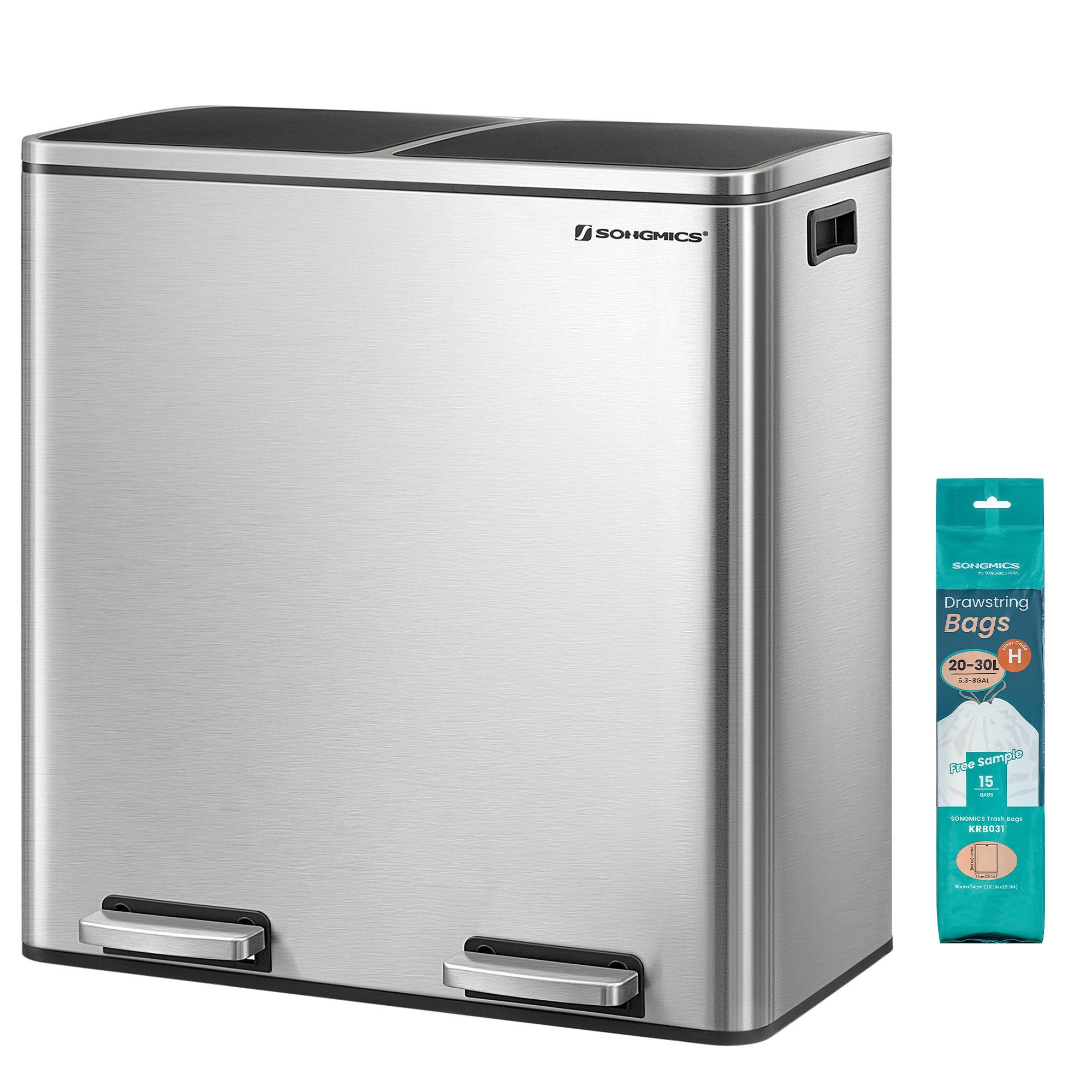 SONGMICS Mülleimer, Mülltrennsystem, mit 2 Fächern, 2 x 30 L, Küche