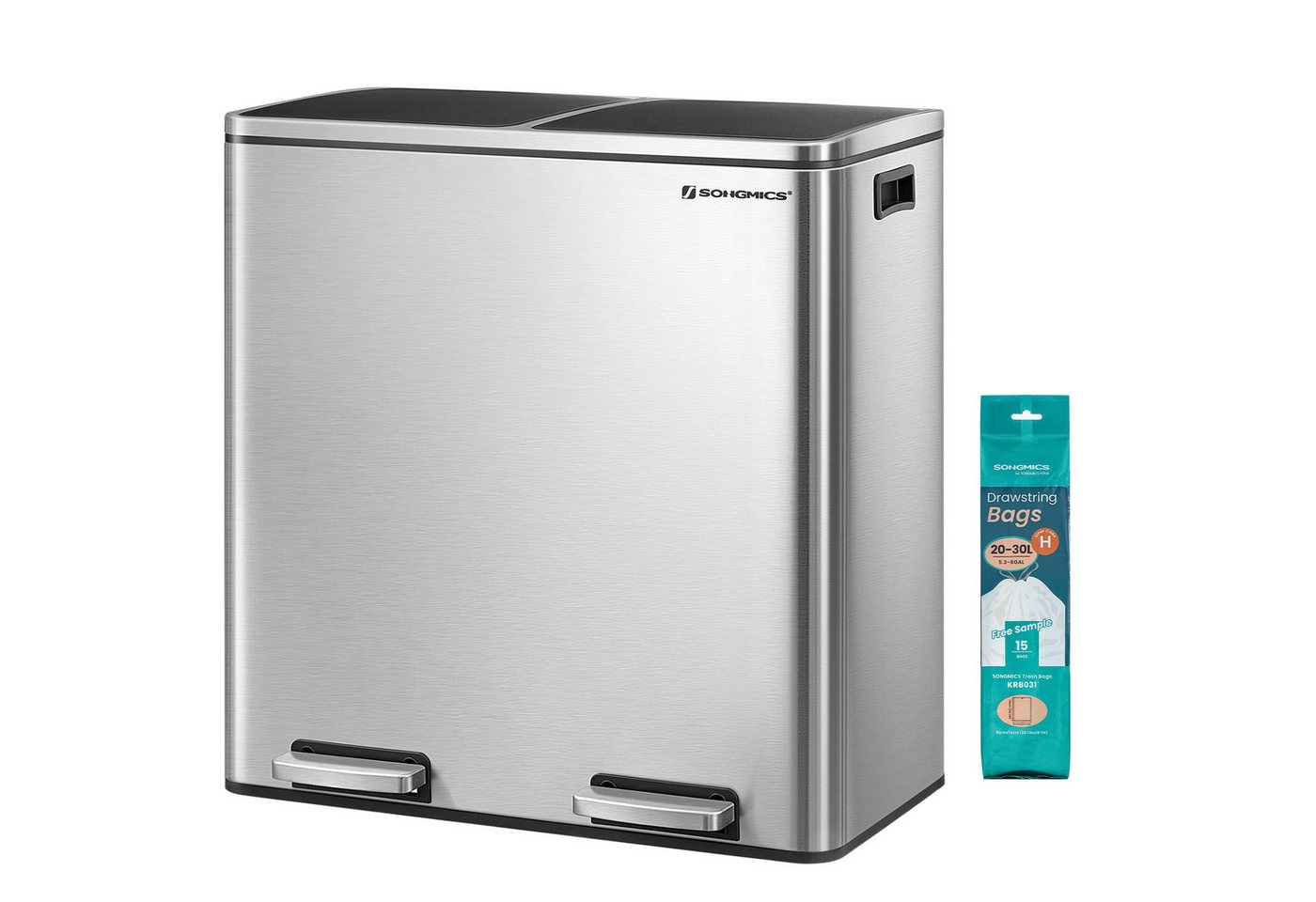 SONGMICS Mülleimer 60L, 2 Fächer, Mülltrennsystem, Treteimer, 15 Müllsäcke, 2x30L, Inneneimer aus Kunststoff, Klappdeckel, Softclose, luftdicht