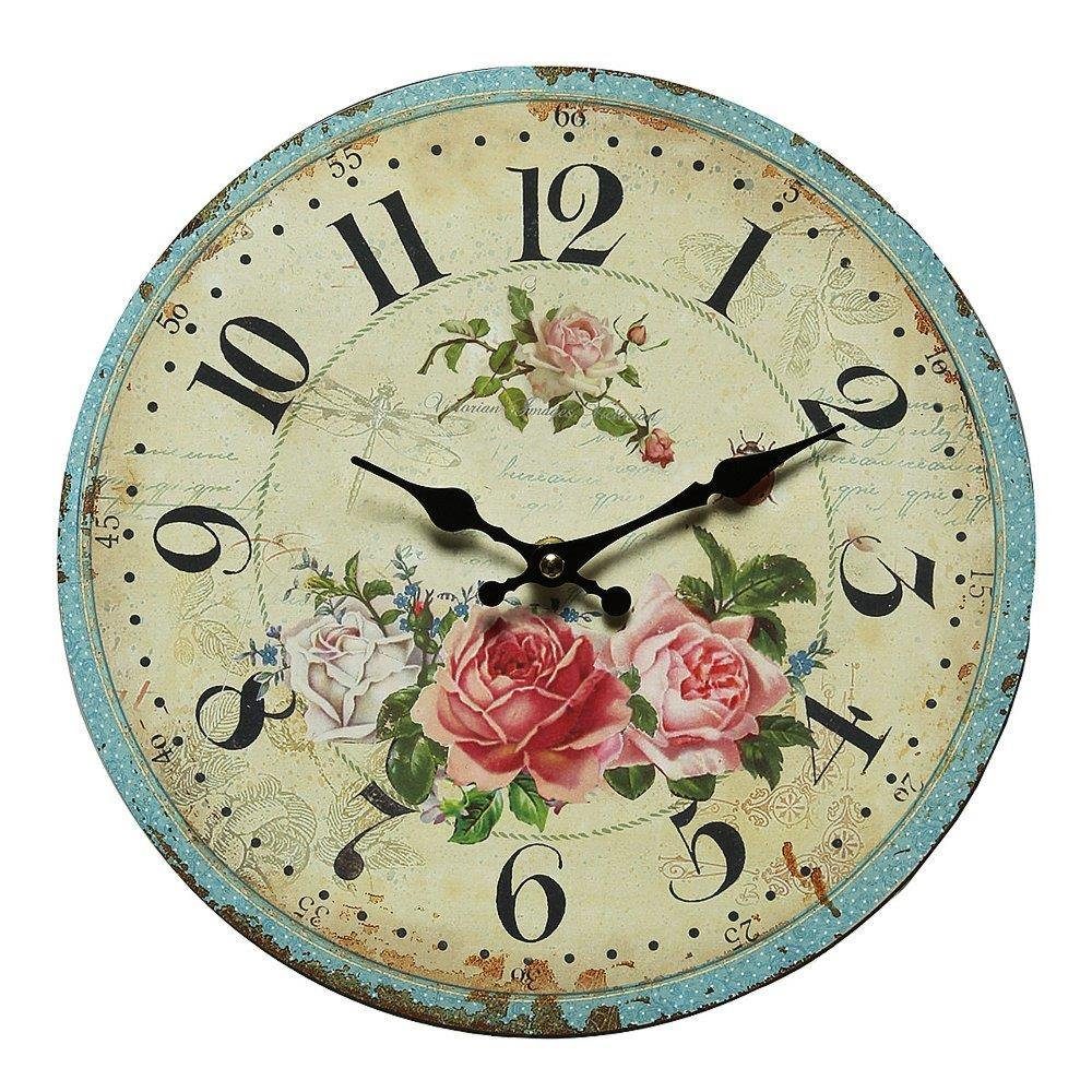 Linoows Uhr Wanduhr mit Rosenmotiv, Landhaus Rosenuhr 28 cm
