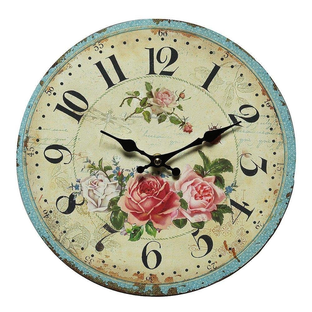 Uhr Wanduhr mit Rosenmotiv, Landhaus Rosenuhr 28 cm