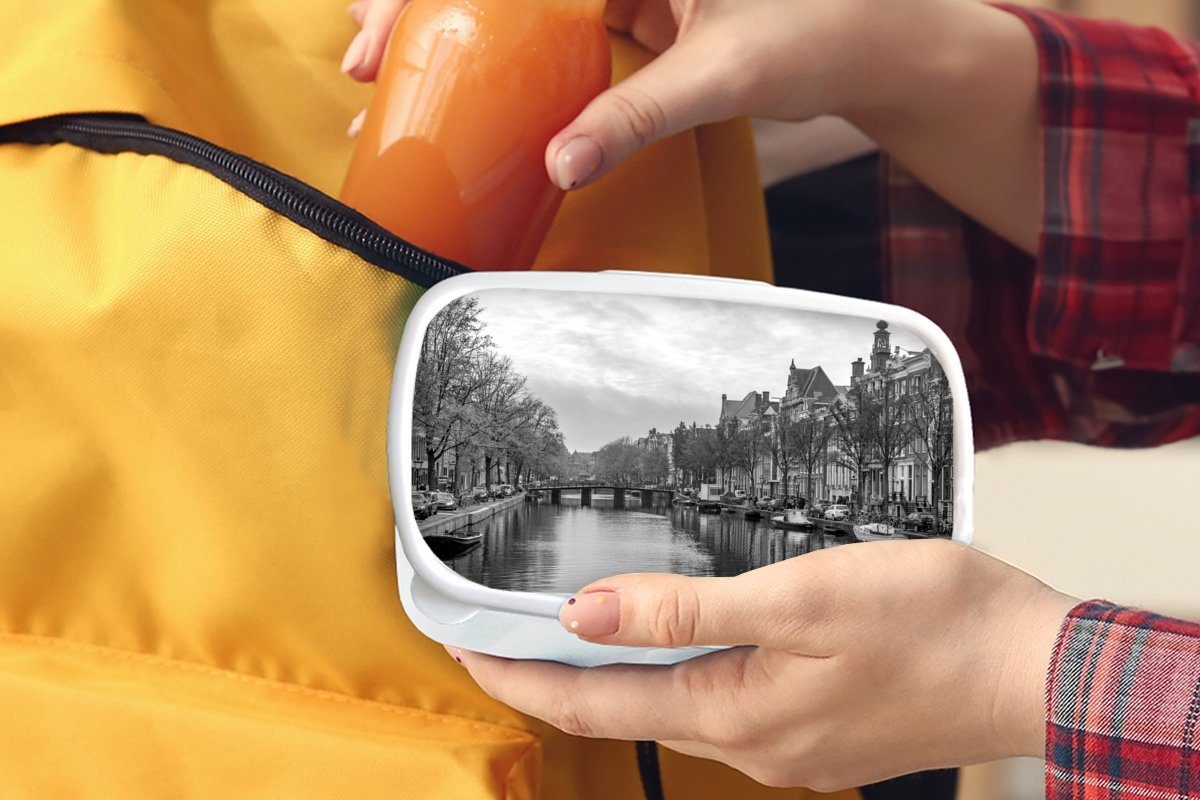 MuchoWow Lunchbox Alltägliches Kunststoff, und Prinsengracht der Brotbox für Jungs schwarz-weiß, (2-tlg), Erwachsene, für in und Kinder Brotdose, Amsterdam - Mädchen Bild