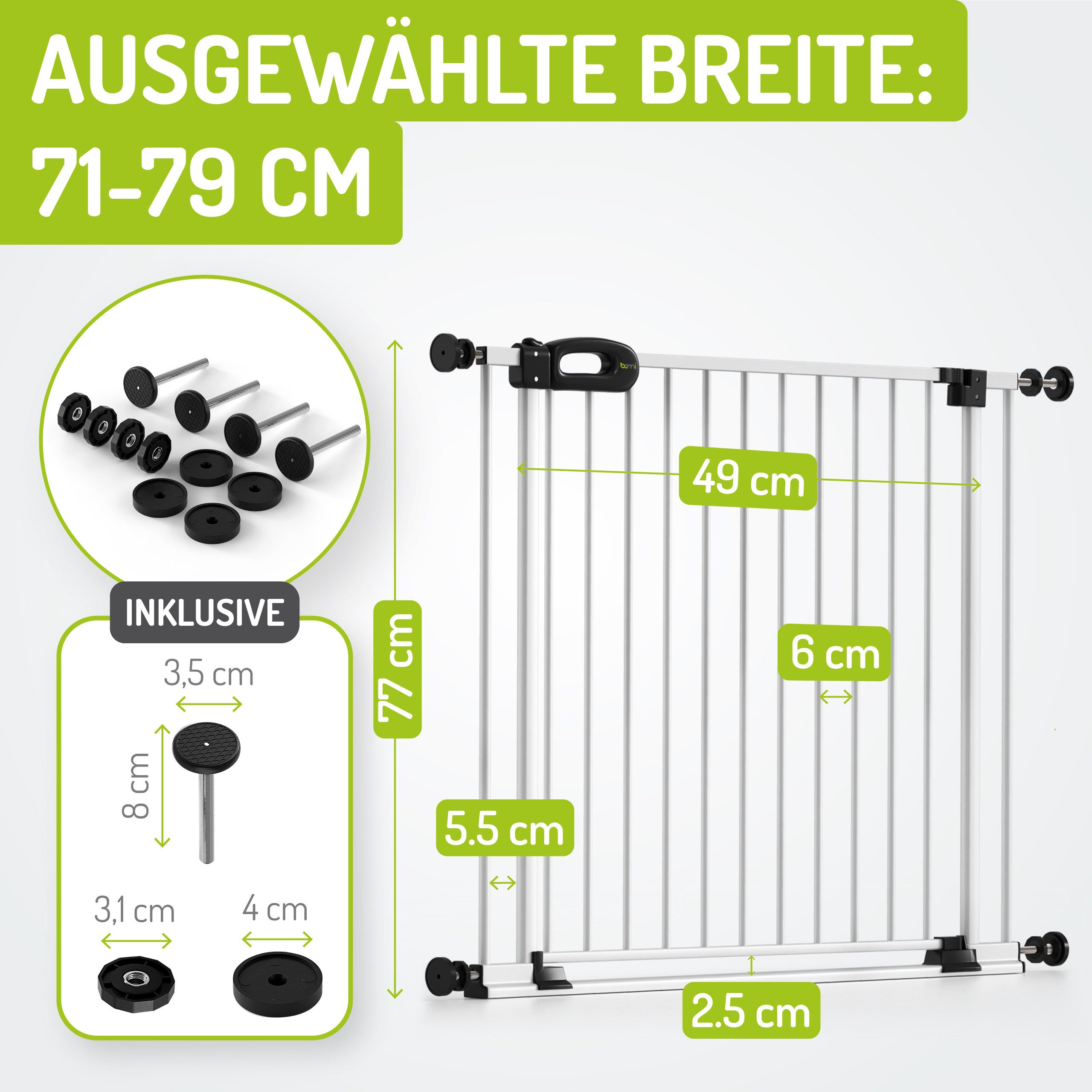 BOMI Türschutzgitter Treppenschutzgitter Merle Flatstep, Babygitter flacher Steg, 63-217 cm (verschiedene Größen, klemm- & verschraubbar), 2-Wege-Öffnung, geprüftes Kindergitter, extra breiter Durchgang