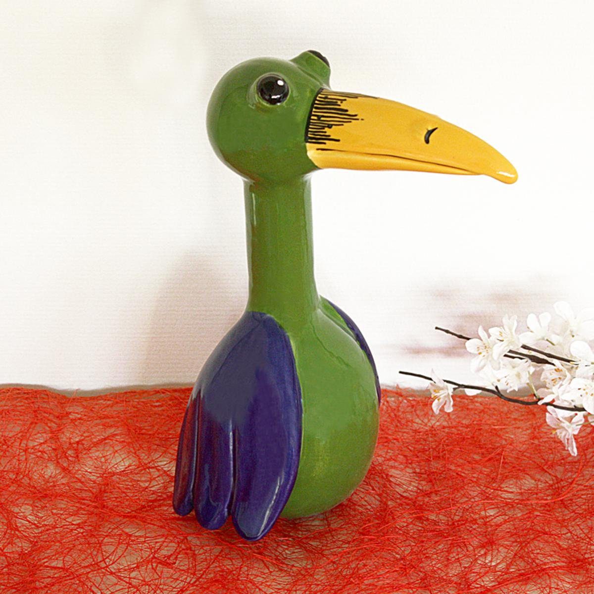 Tangoo mit sitzend langem (Stück) Schnabel, Tangoo-Deko Keramik-Vogel Gartenfigur grün