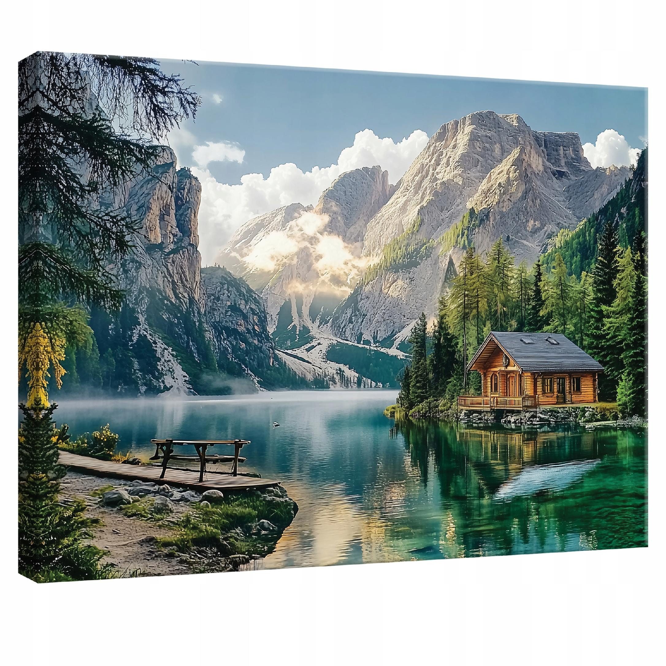 Wallarena Leinwandbild Berge am See mit Hütte und Wald in Grün für Wohnzimmer, Berge (1 St), mit Holzrahmen wandfertig montiert mit Aufhängevorrichtung 40x30cm