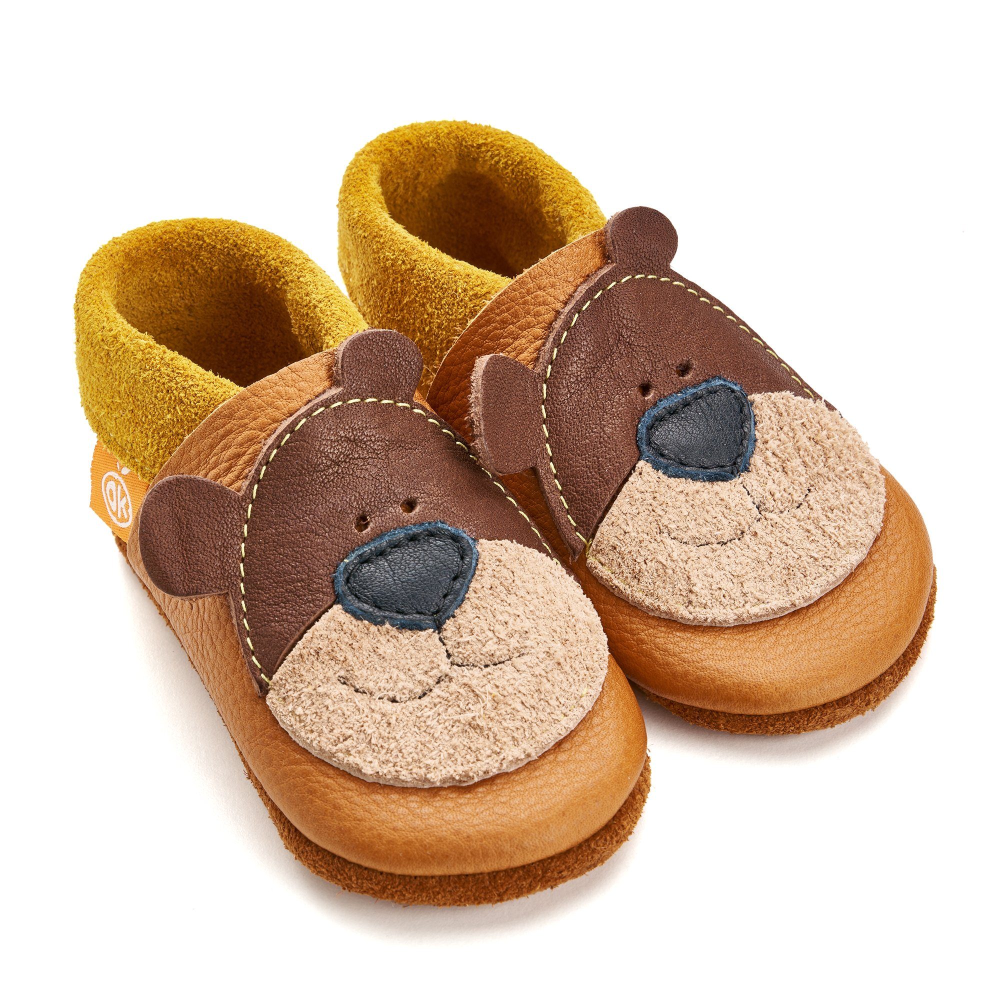 Orangenkinder® Bärnie der Honigbär Baby Krabbelschuh 100% pflanzlich gegerbtes Leder, Made in Germany, Atmungsaktiv