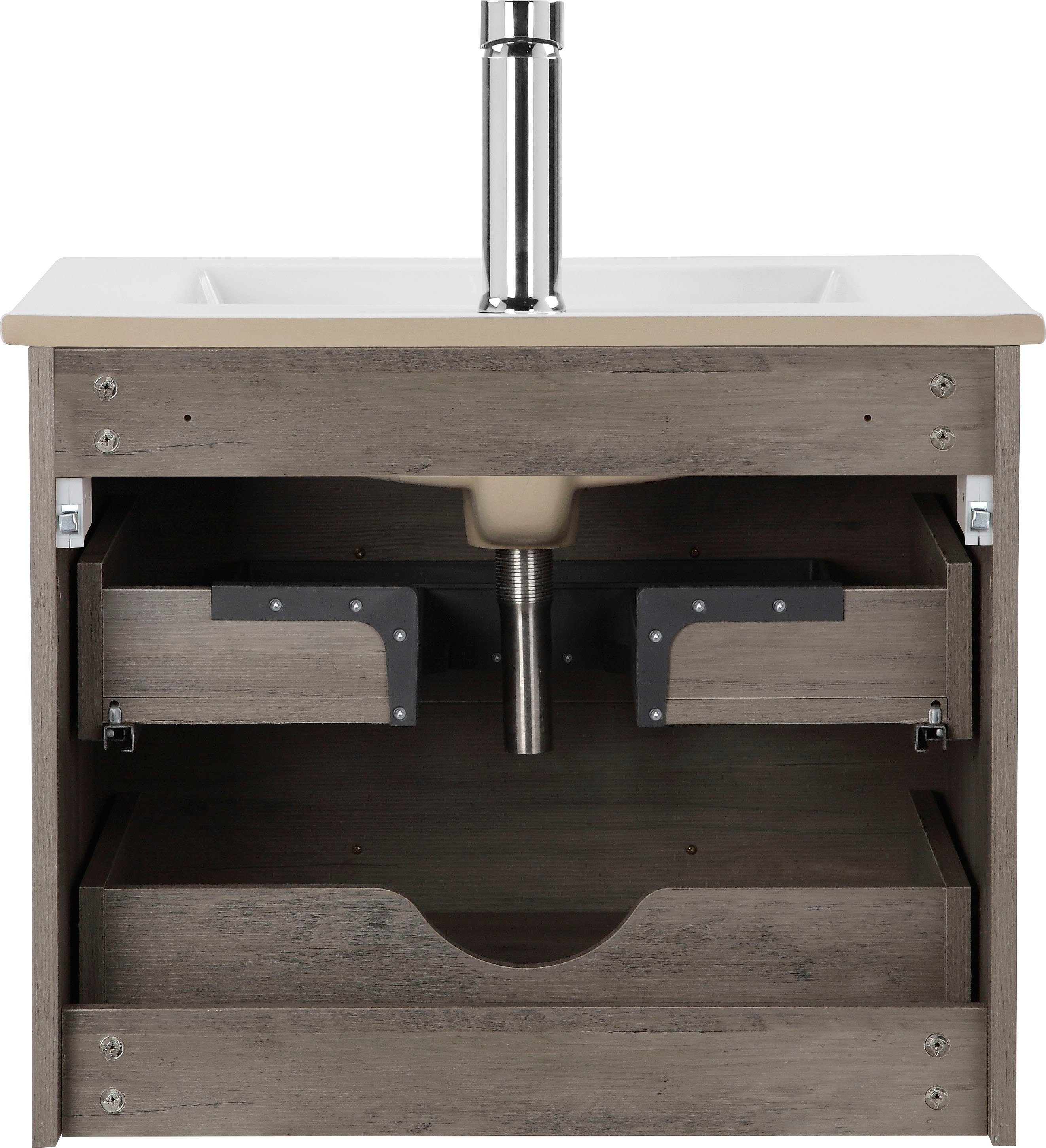 welltime Waschtisch Florenz Badschrank Badmöbel inkl. Waschbecken (Komplett-Set), Waschplatz mit 2 Auszügen und Softclose Breite 60cm – Bild 4 von 5