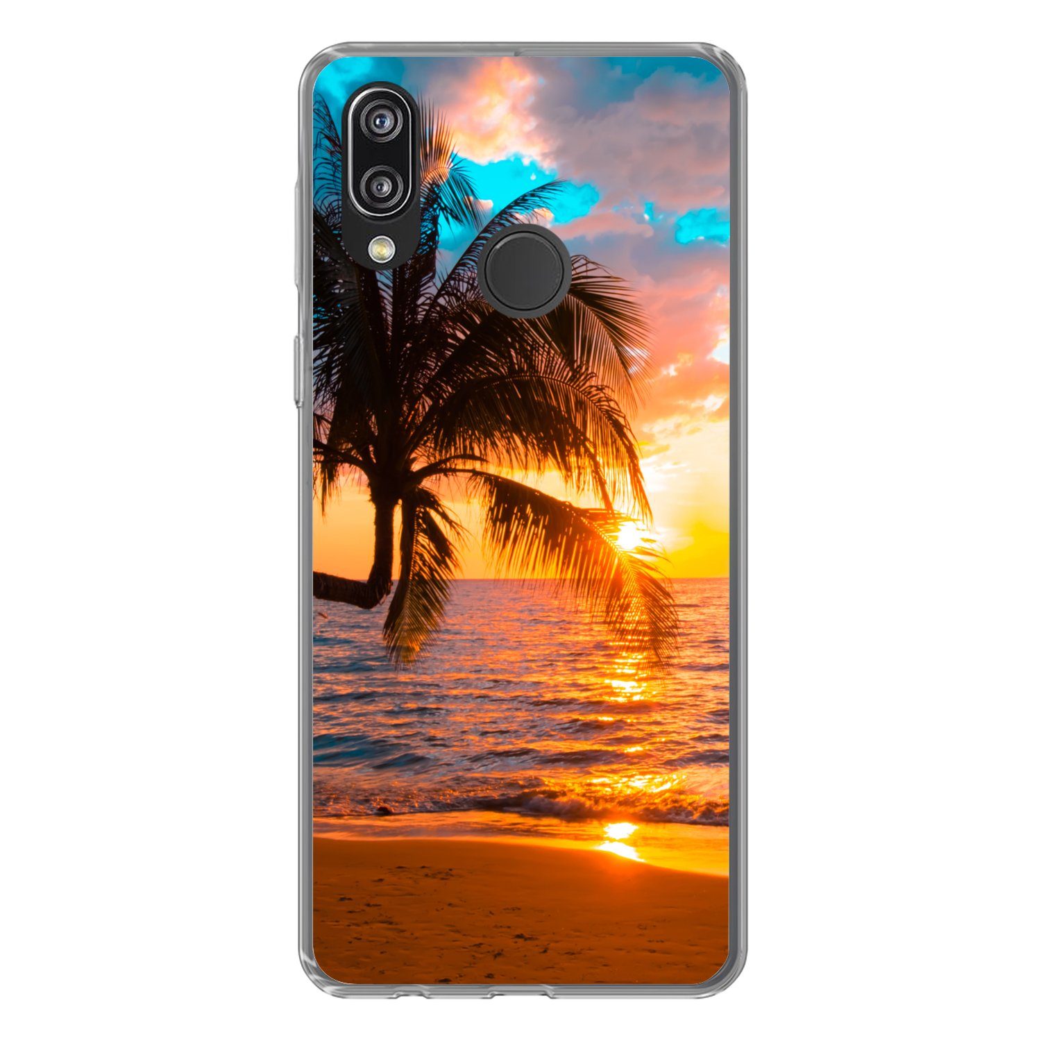 MuchoWow Handyhülle für Huawei P20 Lite (2020) Palme - Sonnenuntergang - Horizont - Strand, Handy Case, Silikon, Bumper Case Dünn