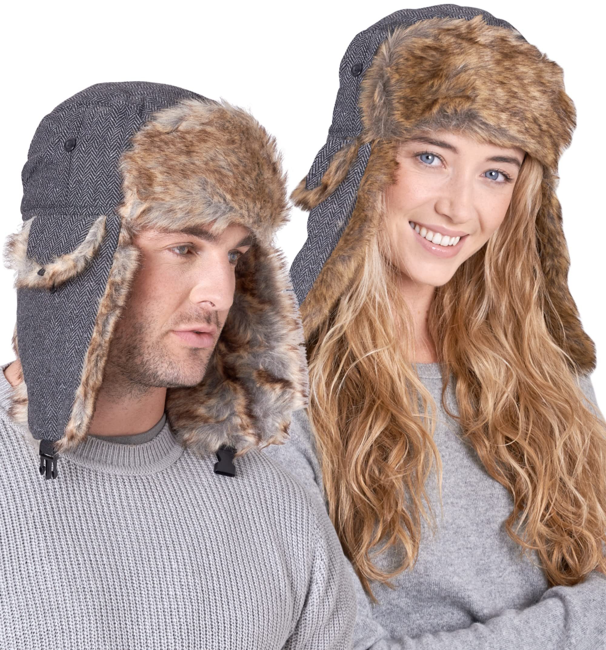 Tough Outfitters Ohrenmütze Fliegermütze Herren - Russen Mütze Fellmütze Damen Uschanka Fischgrät (1-St) Ushanka Mütze mit Ohrenklappen - Russische Mütze aus Kunstfell schwarz