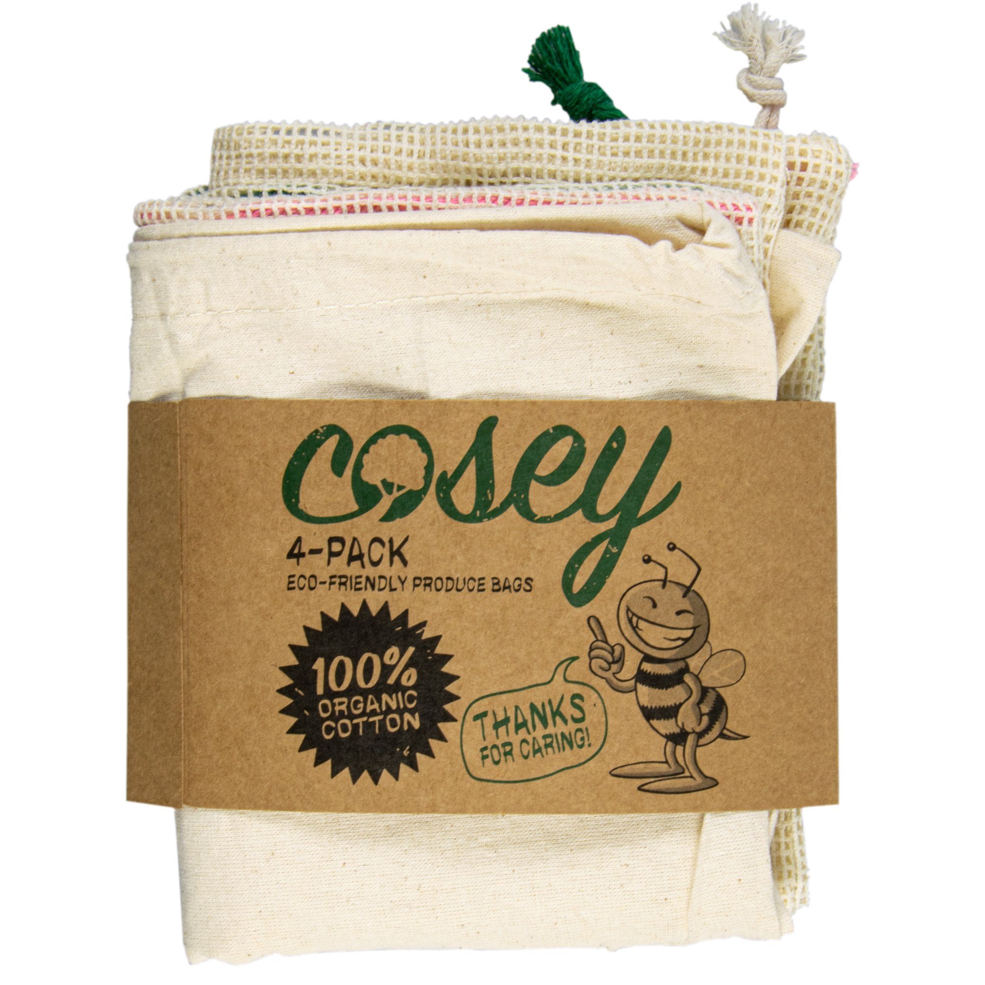 cosey Мешок для овощей Wiederverwendbare Obst- und Мешок для овощей aus Baumwolle mit Tara, (4-tlg., 4-teiliges Set), nachhaltig • plastikfrei • Tara-Etikett mit Eigengewicht
