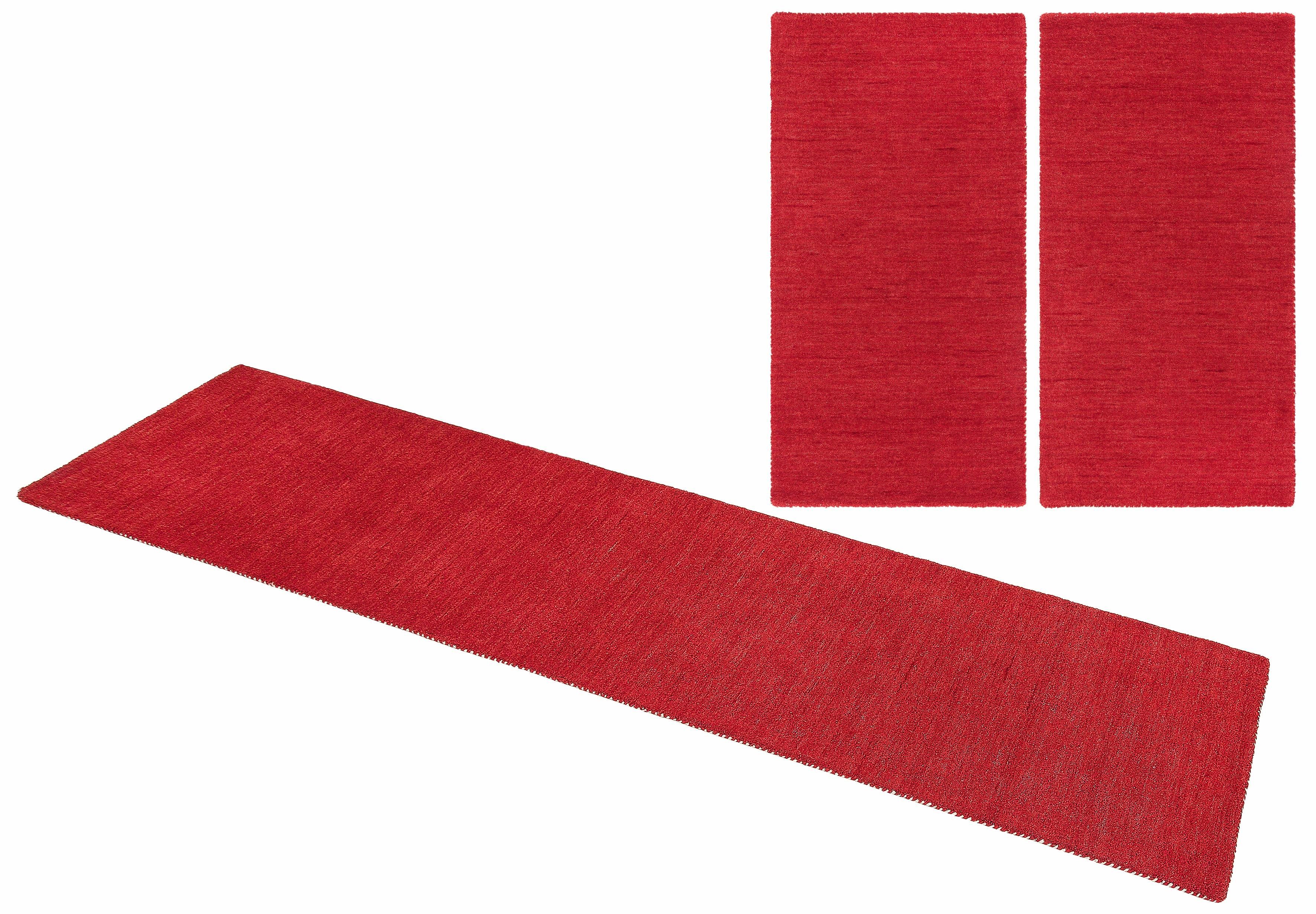 Bettumrandung Gabbeh Uni THEKO, Höhe 15 mm, (3-tlg), Bettvorleger, Uni-Farben, meliert, Schurwolle, handgewebt, Läufer-Set rot