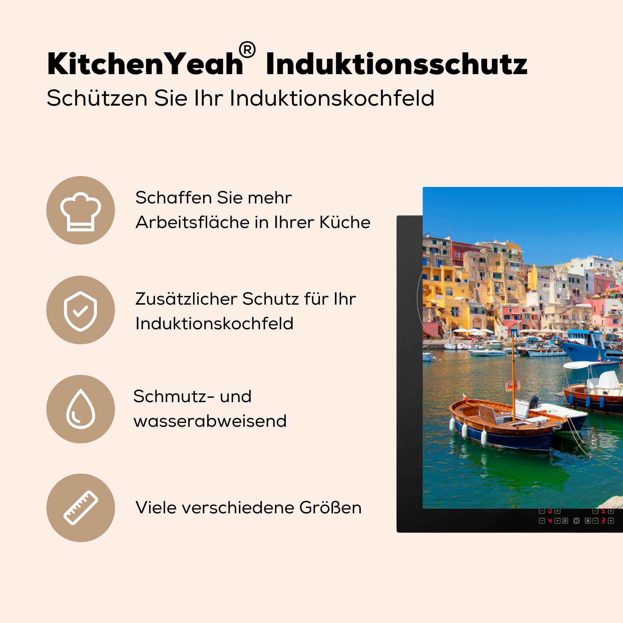 (1 die Italien, küche, tlg), MuchoWow Haus - Induktionskochfeld cm, - für Vinyl, Schutz - Meer Herdblende-/Abdeckplatte Boot Ceranfeldabdeckung 81x52