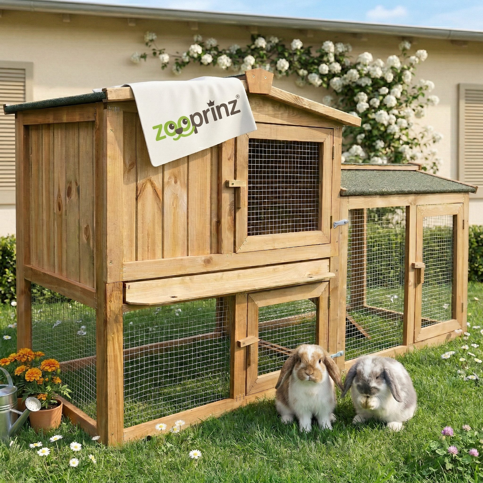 Zooprinz Kleintierstall Hasenstall Kaninchenstall Meister Lampe Winterfest & Wetterfest, Bitumen Klappdach, Rampe, Freilauf Auslauf Gehege, 2 Etagen