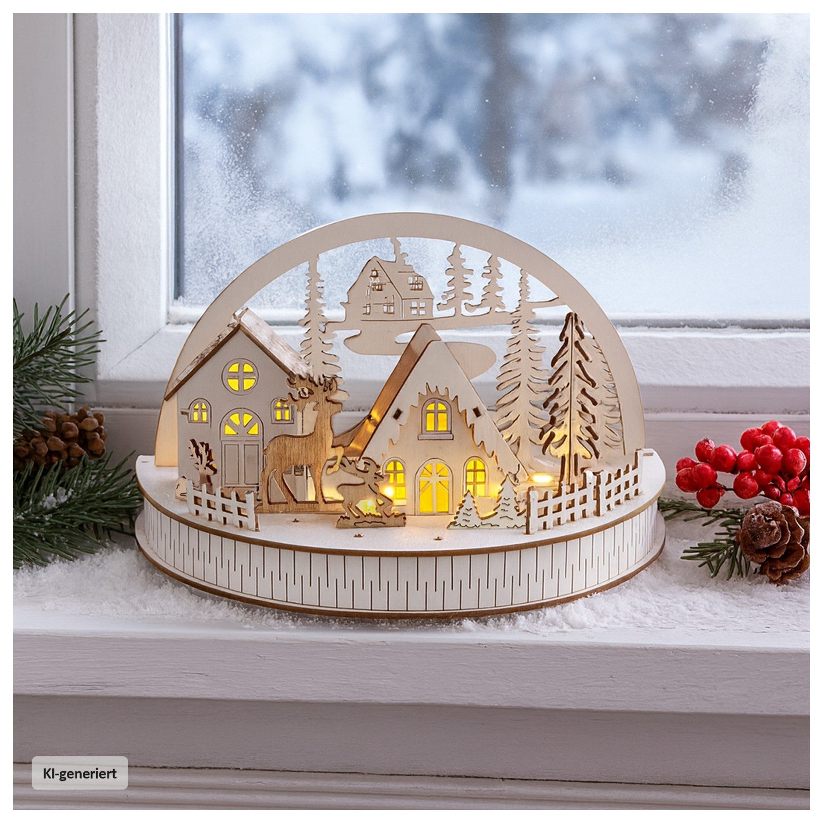 HTI-Living Weihnachtsszene LED Weihnachtsdeko Winterdorf und Rehe, Leuchtdeko batteriebetrieben