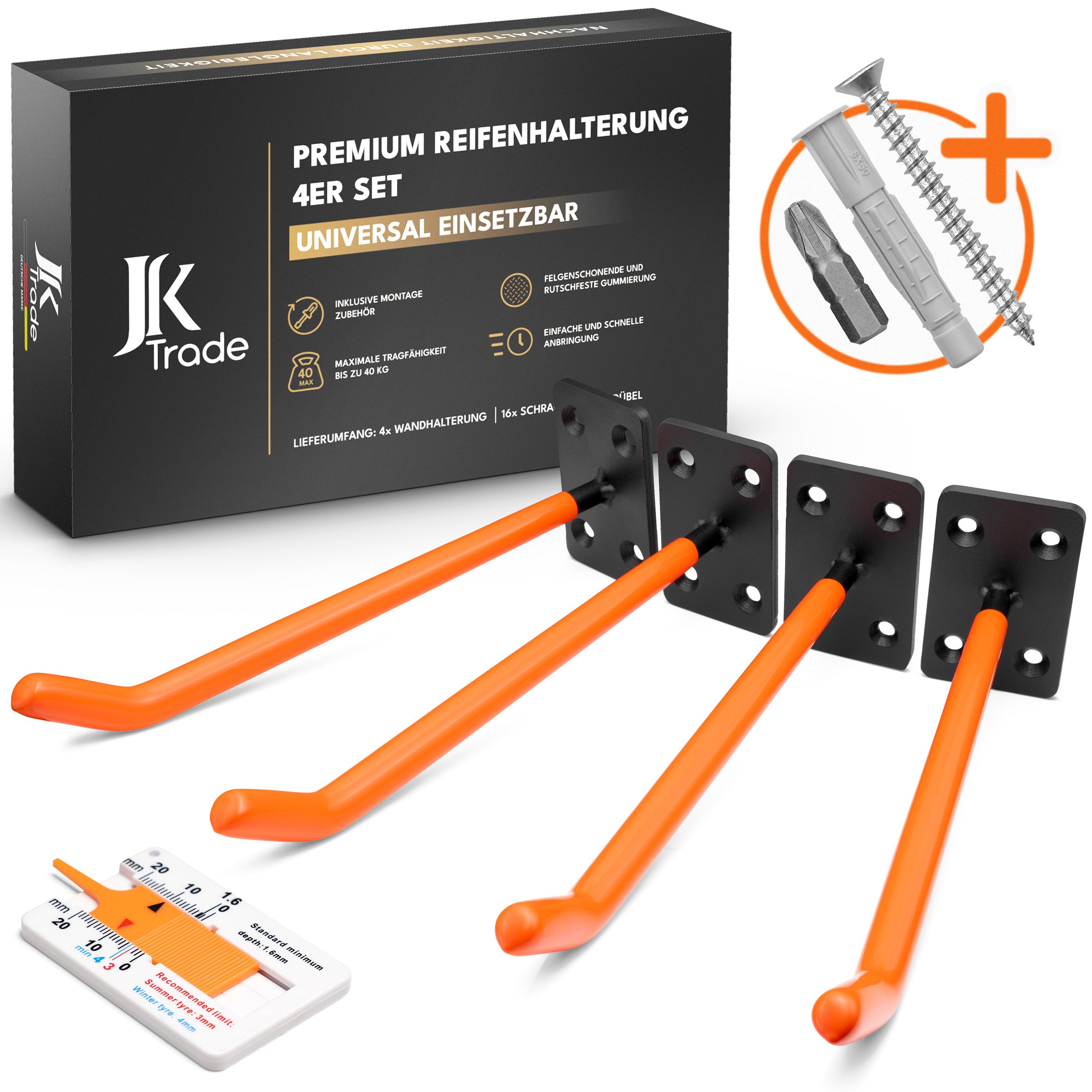 JK Trade Reifen-Wandhalterung 4er Set für Auto Felgen bis 40 kg, (bis 22 Zoll, 4x Reifenhalterung, 16x Schrauben & Dübel, Torx & Profiltiefenmesser, Massiver Stahl mit rutschfester Gummierung)