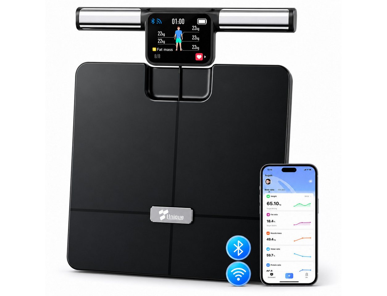 ibettertec Körper-Analyse-Waage Fitness Körperfettwaage mit 8 sensoren,App-Steuerung,Bluetooth, mit App zur Übertragung und Tracking der Messwerte, Körper & Viszeralfett, Muskelmasse, BMI & RMR,Tragkraft 180 kg.