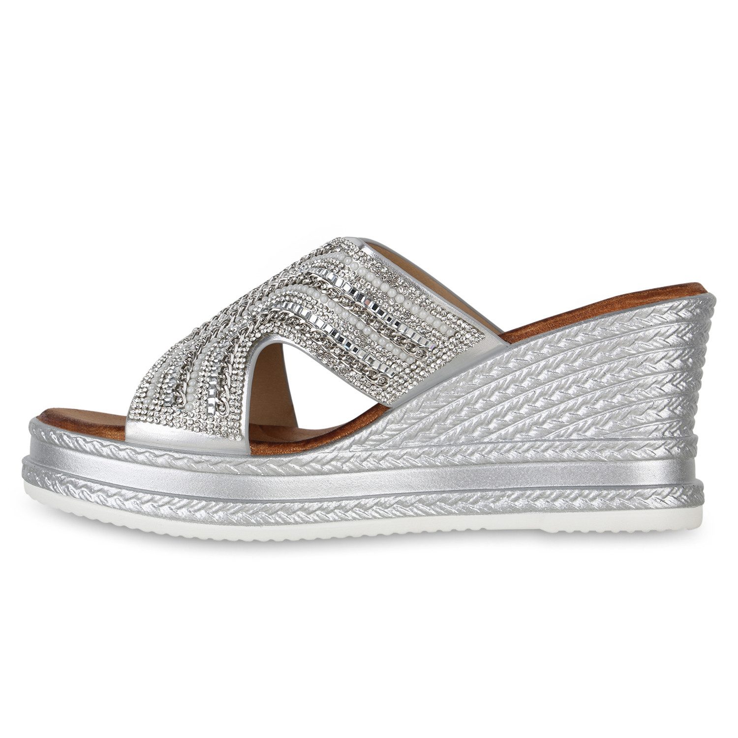 VAN HILL 840997 Sandalette Damen Pantoletten Sandaletten Strass Ketten Plat günstig online kaufen
