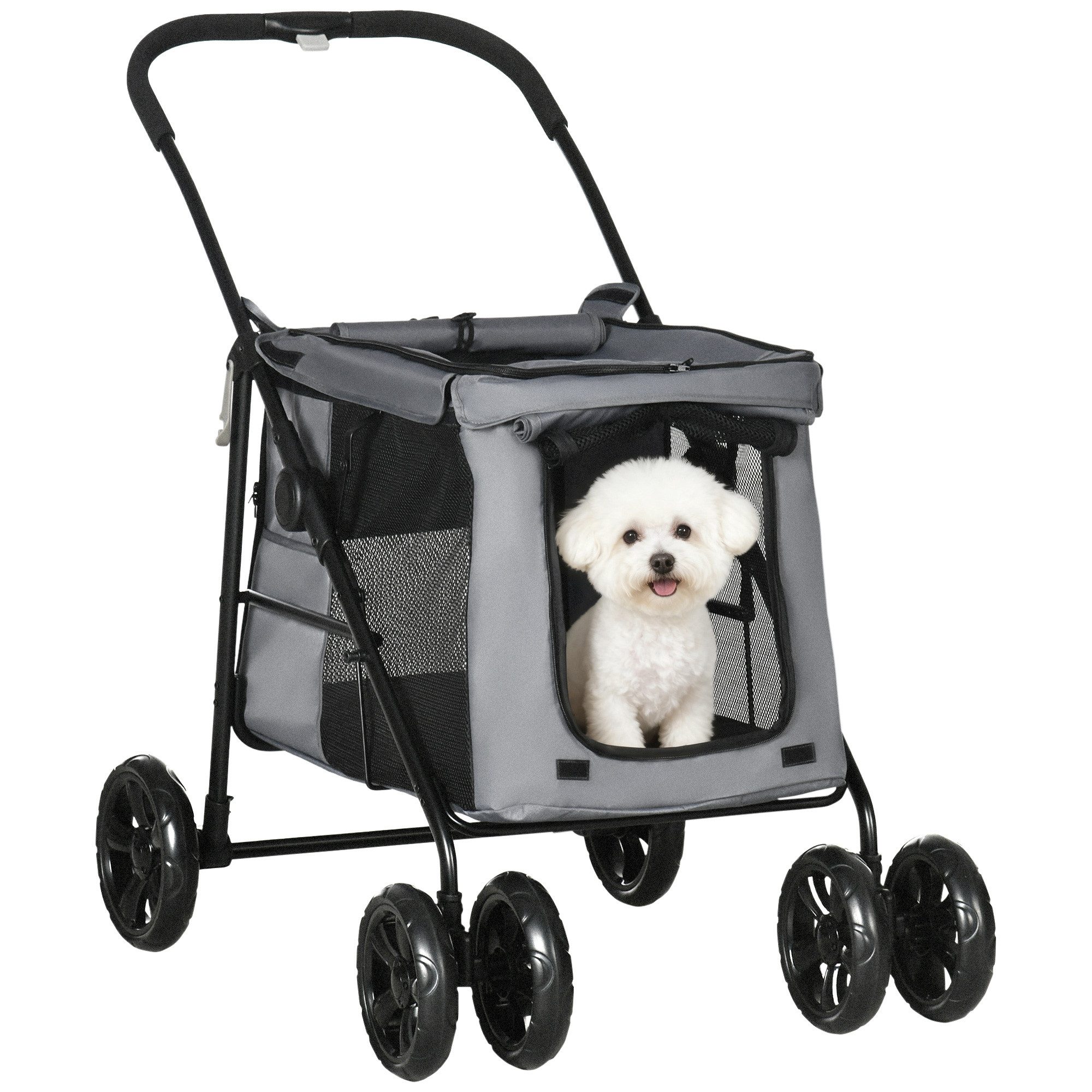 PawHut Hundebuggy Hundewagen, Katzenbuggy, mit Seitentaschen, Netzfenster, (Hundetrolley, 1-tlg), für kleine und mittelgroße Hunde bis 20 kg, Oxford-Gewebe, Gra – Bild 2 von 5