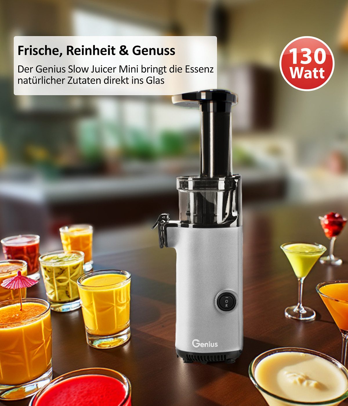 Genius Entsafter Genius Slow Juicer Entsafter Mini für Gemüse Obst, 130 W, geräuscharm