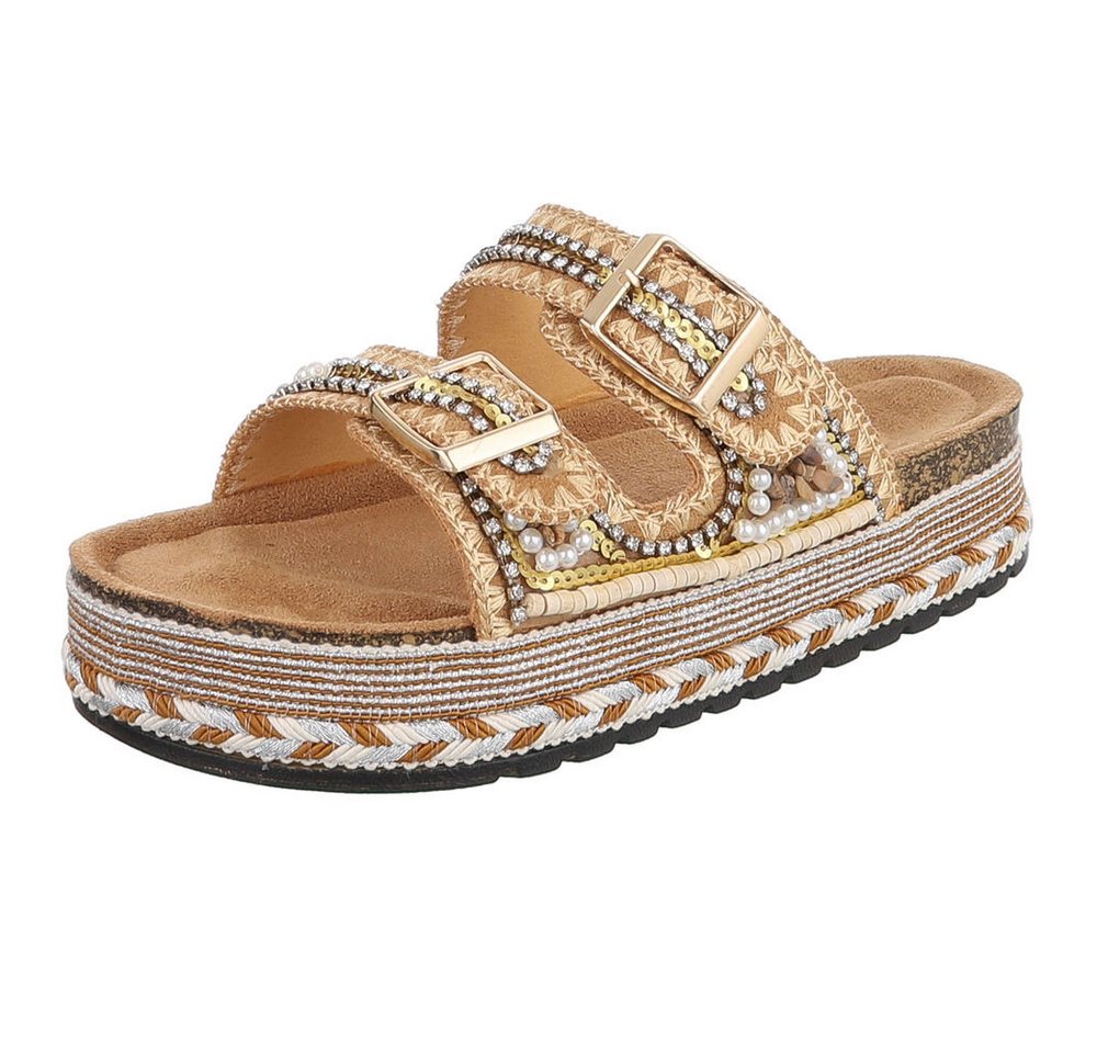 Ital-Design Damen Plateau Sandalette mit Schnallen & Zierdetails Plateausandaletten (91895638) Flach Pantoletten in Camel