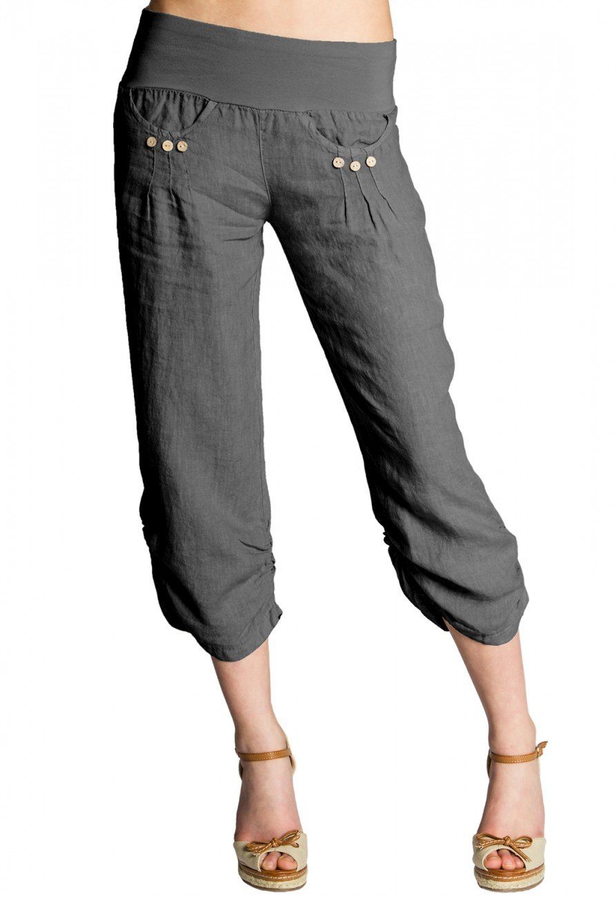 Caspar Leinenhose KHS017 Damen 3/4 Hose aus robustem Leinen mit breitem Stretch Bund - Made in Italy