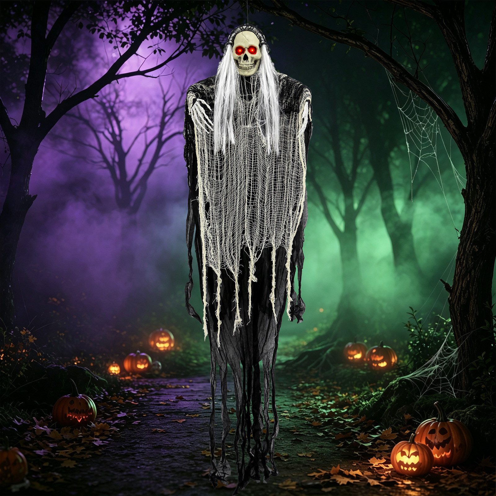 OZAVO Dekofigur Halloween Skelett Geist Hängender Geist Deko 180 cm mit Geräuschsensor (mit leuchtenden roten Augen&, ewegliche Arme), Halloween Deko außen für Garten, Tür, Party