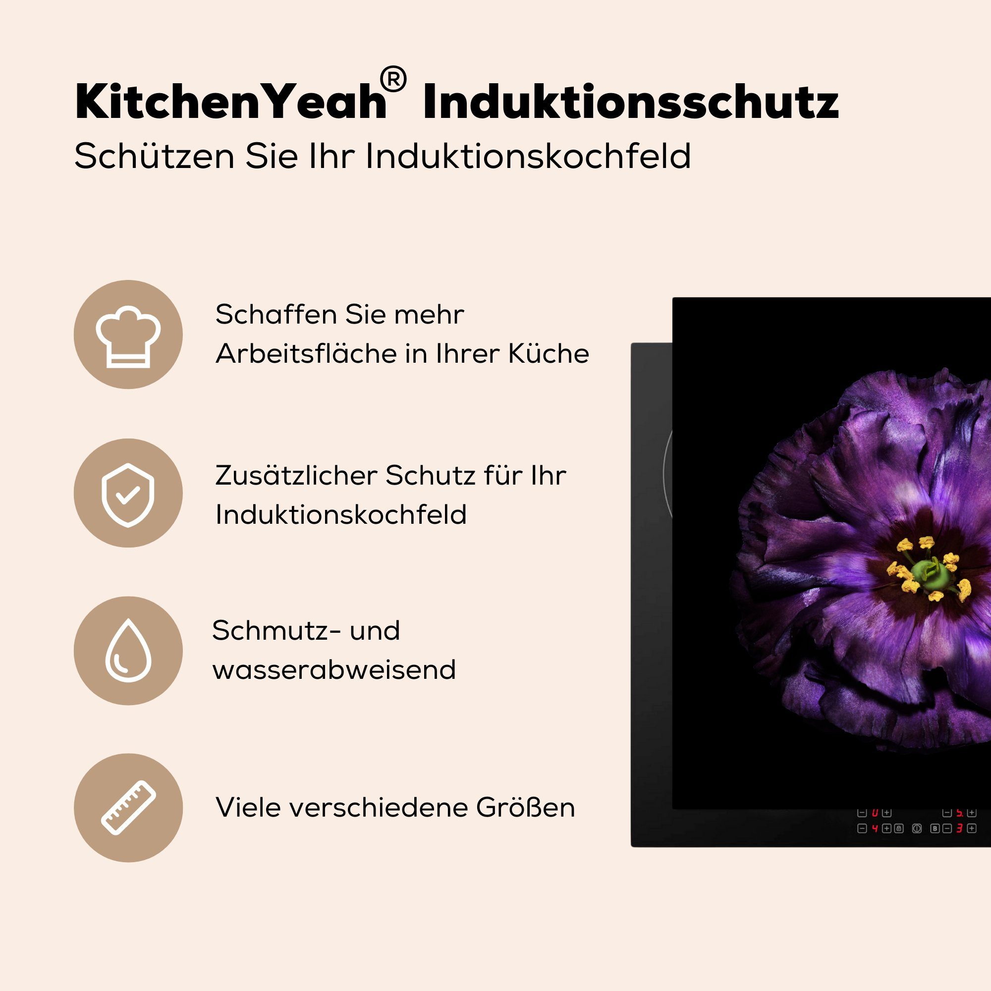 Blume für Herdblende-/Abdeckplatte vor cm, Arbeitsplatte küche tlg), MuchoWow violette schwarzem Hintergrund (1 Ceranfeldabdeckung, 78x78 Eine Vinyl, abgebildet,