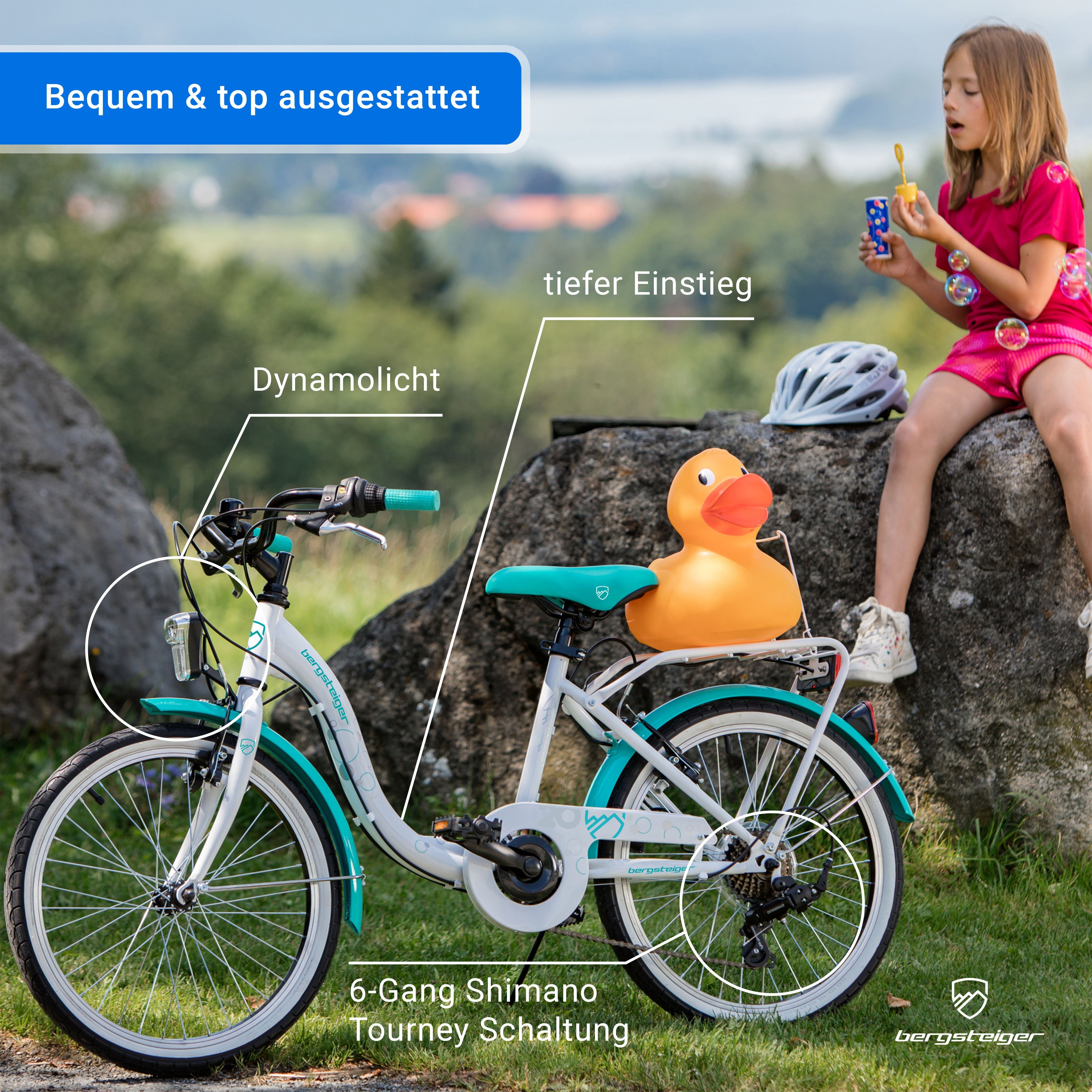 bergsteiger Kinderfahrrad Atlantis 20, 24 Zoll Mädchenfahrrad, 6 - 11 Jahre, StVZO, 6 Gang Shimano Tourney RD-TY300 Schaltwerk, Kettenschaltung, V-Bremse