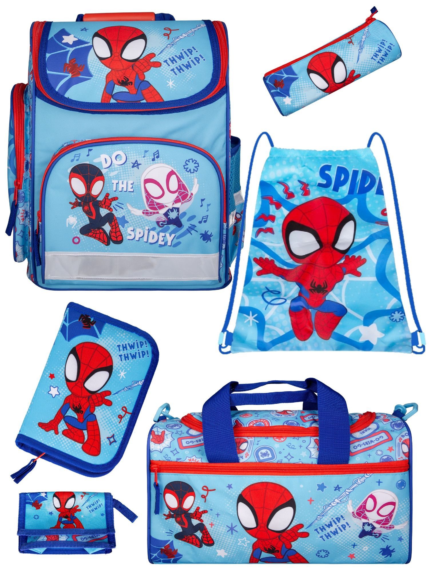 Familando Schulranzen Schulranzen SPIDEY 1.-4. Klasse ergonomisch, leicht, Volumen 15 Liter (6-tlg., inkl. Federmäppchen und Sporttasche), SPIDEY und seine Freunde, Blau