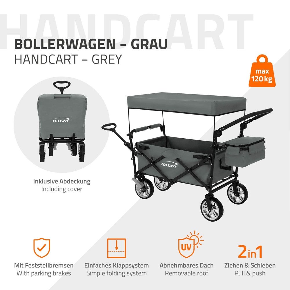 Thumbnail - Hauki Bollerwagen Transportwagen für Kinder faltbar mit Dach und Tasche, Gerätewagen Grau 360° drehbar PU Räder mit Brem...