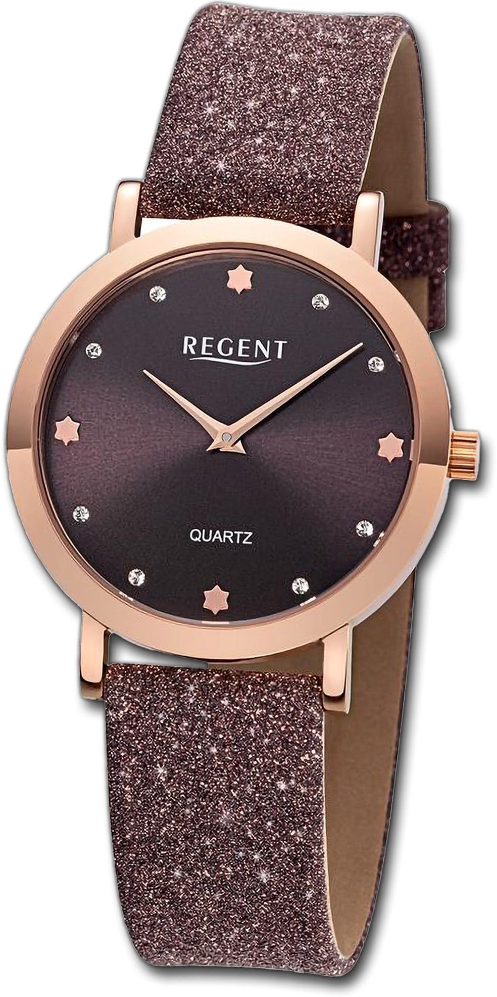 Regent Quarzuhr Regent Damen Armbanduhr Analog, Damenuhr Lederarmband rot, braun, rundes Gehäuse, groß (ca. 32,5mm)