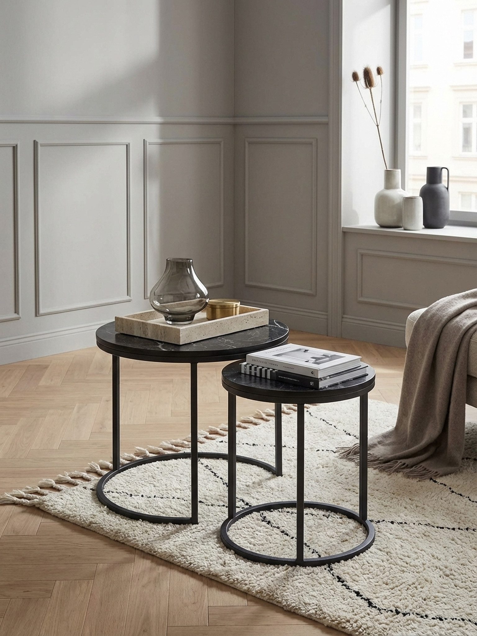 KADIMA DESIGN Satztisch Design Beistelltisch 2er Set Schwarz Marmor Optik Rund, Couchtisch (Satztische), 2-teilig Tischgestell Metall, Kleine Wohnzimmertische, Moderne