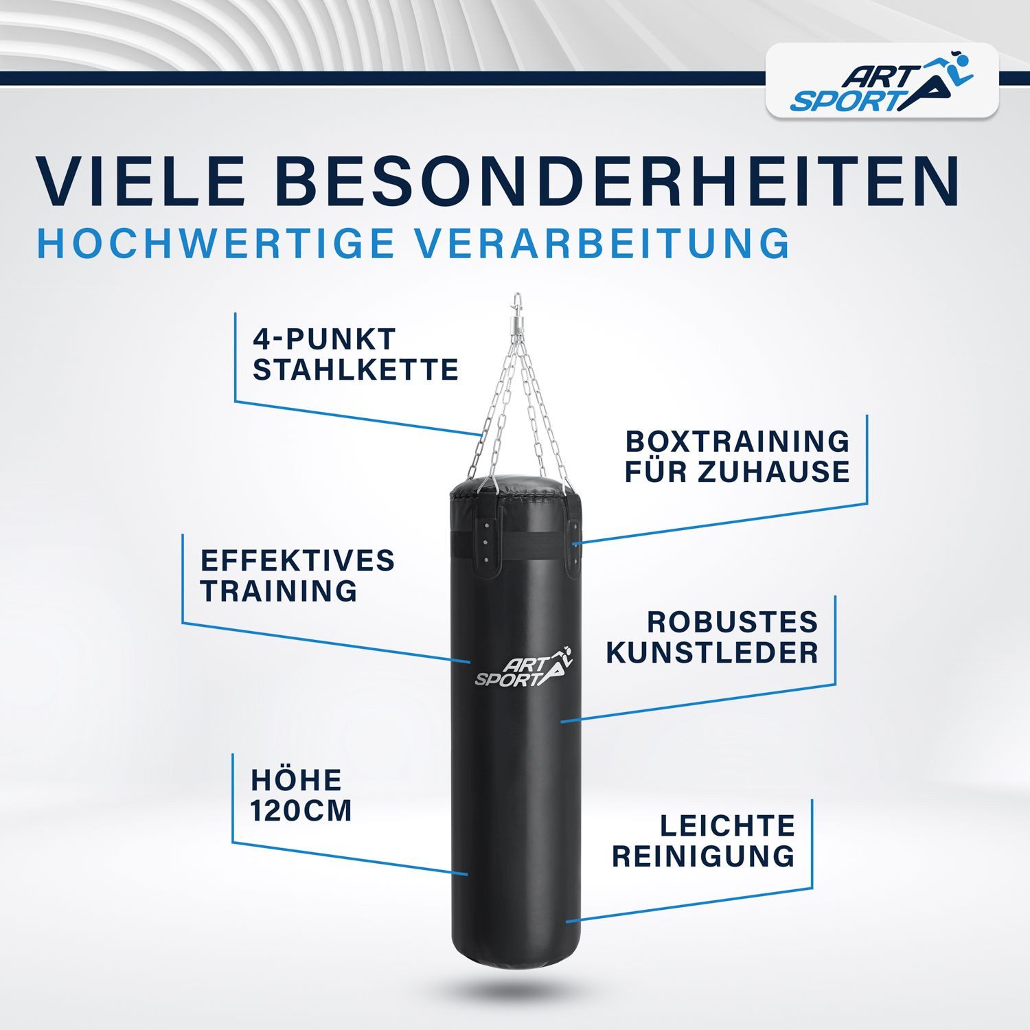 ArtSport Boxsack 30 kg, hängend 110 cm mit 4-Punkt-Stahlkette & Karabinerhaken für Erwachsene