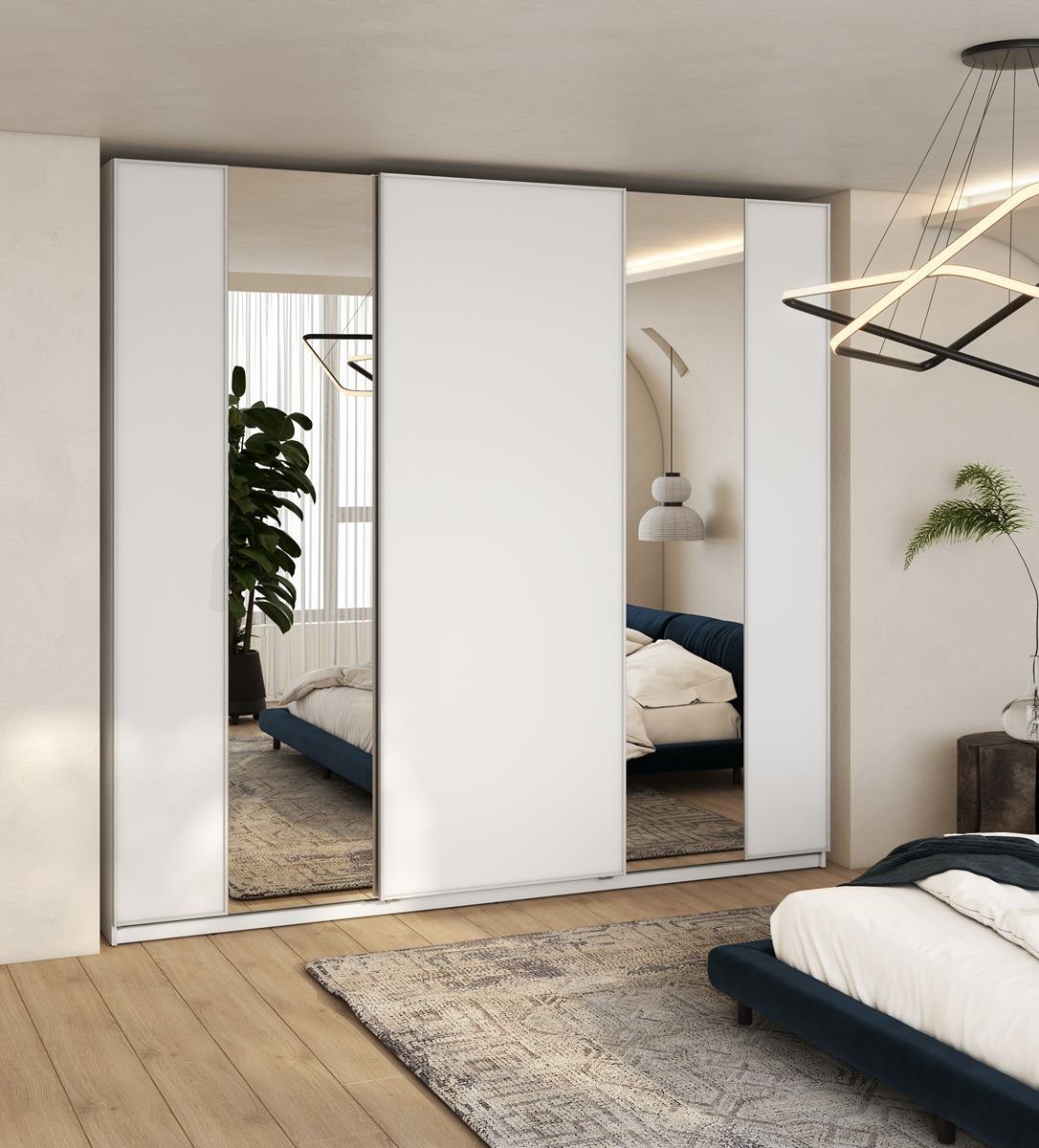 Compleo Schwebetürenschrank mit Aufhänger. Kleiderschrank mit Spiegel LAVIAS. Modern design