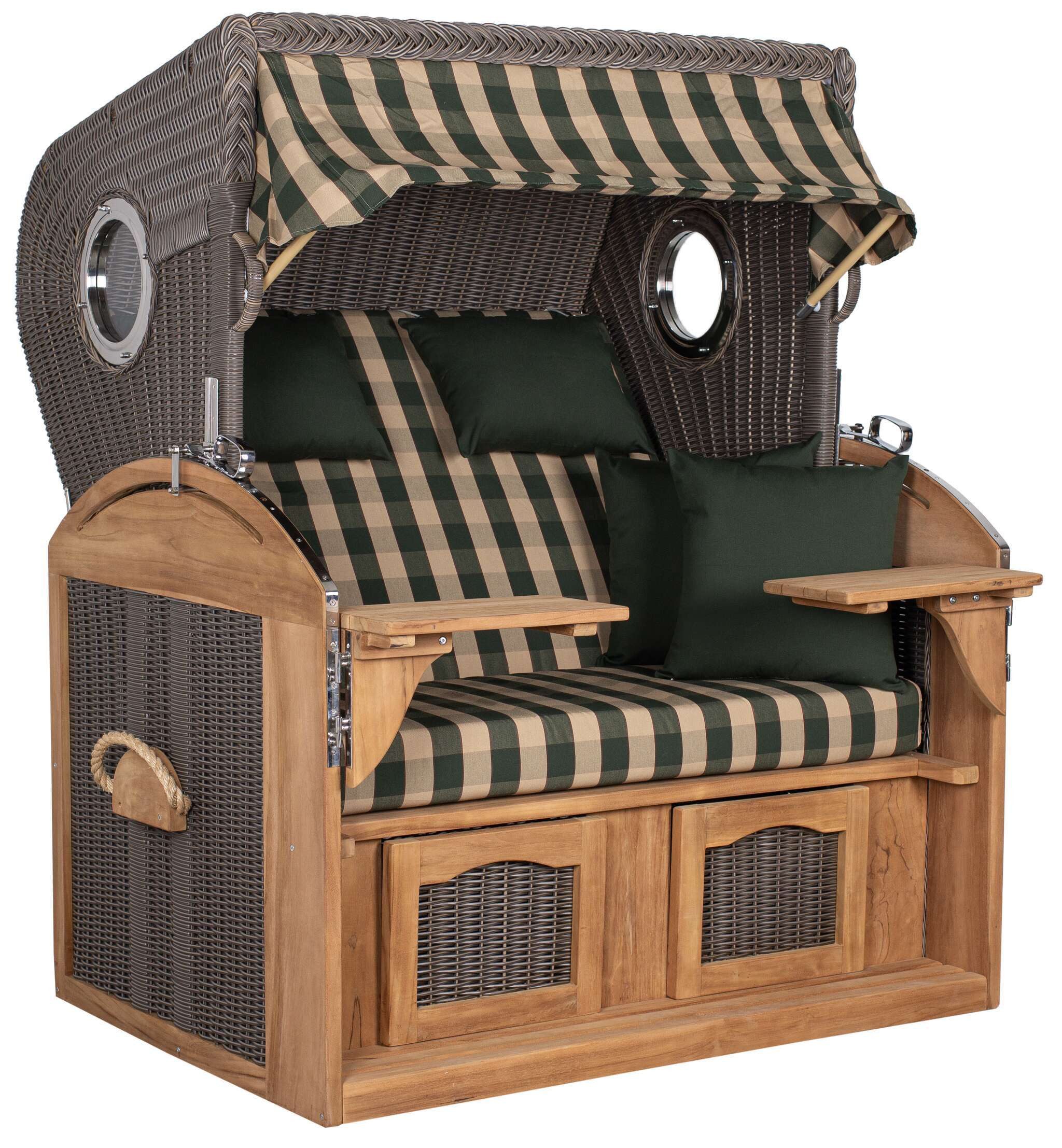 MR.DEKO Strandkorb XL Schillig Volllieger Teak PE Grey 2,5-Sitzer Bullauge, BxTxH: 142x95x170 cm, Vollieger, Schillig XL, (bereits montiert, ideal für Garten, Terasse und großen Balkon, 1-tlg), 2,5 Sitzer Strandkorb XL, Vollieger verstellbar