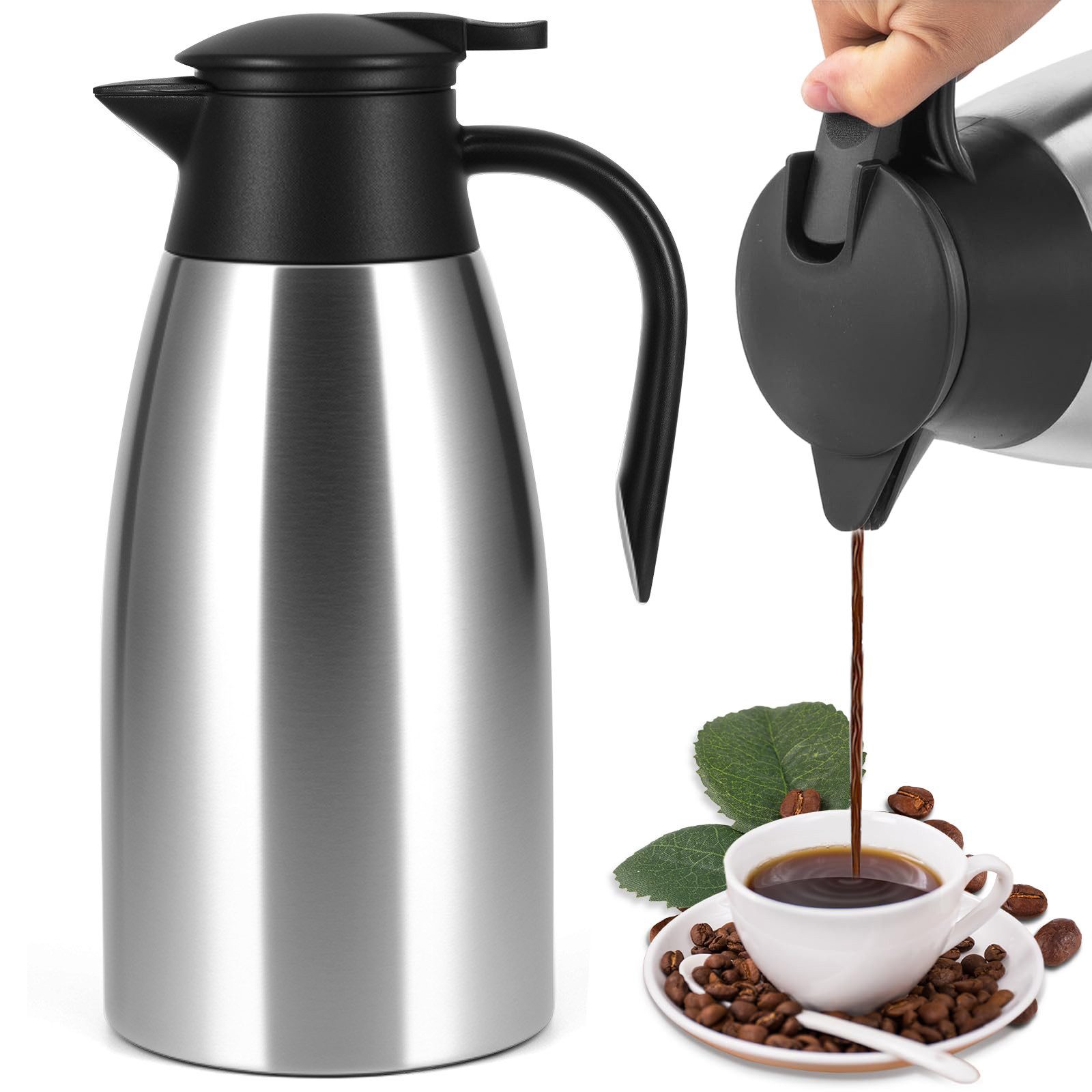 BlingBin Isolierkanne 2.1L Thermoskanne Edelstahl, Doppelwandige Isolierkanne Kaffeekanne, 2.1 l, (304 Edelstahl Isolierte Isolierkanne, 1-St., Thermoskanne 29 × 13 cm), 24 Stunden Wärmedämmung,für Wasserkocher,Teekannen und Kaffeemaschinen