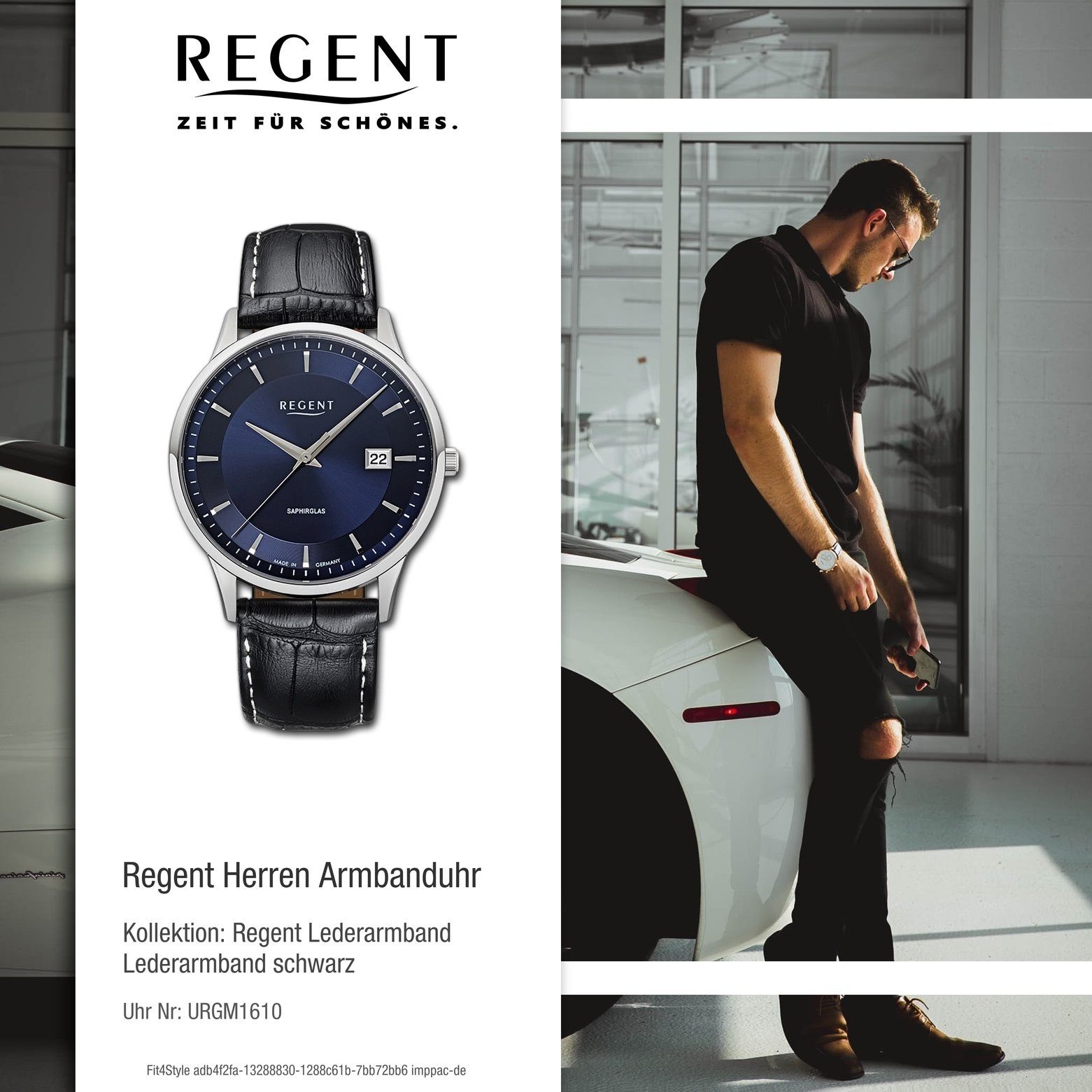 Regent 39mm), Quarz, rund, Lederarmband Quarzuhr Herren mittel GM-1610 Uhr Leder (ca. Armbanduhr Regent Herren