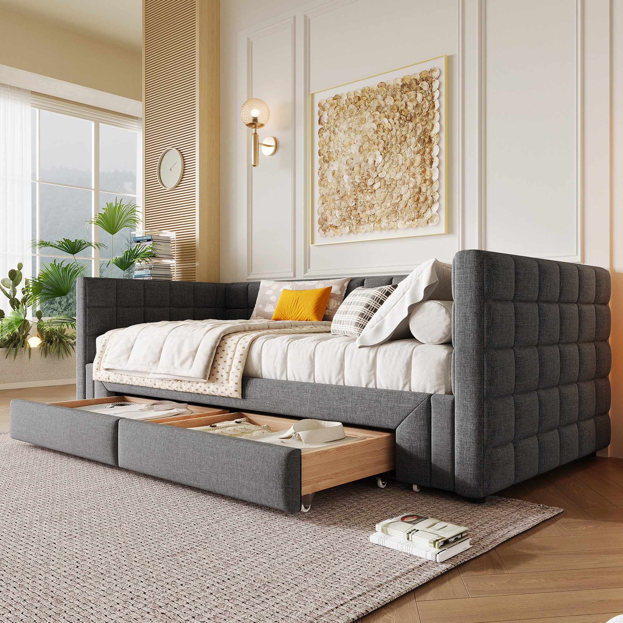 SOFTWEARY Schlafsofa mit Bettfunktion und Schubladen, 90x200cm/180x200cm, Schlafsofa mit Ausziehbett, Polsterbett – Bild 4 von 5