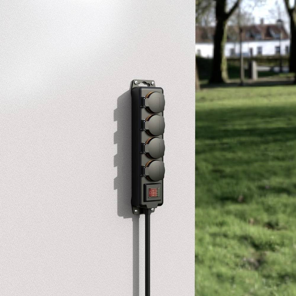 Steckdosenleiste, Schalter erhöhter für IP44, außen 4-fach, mit Gartensteckdose Berührungsschutz, Hama