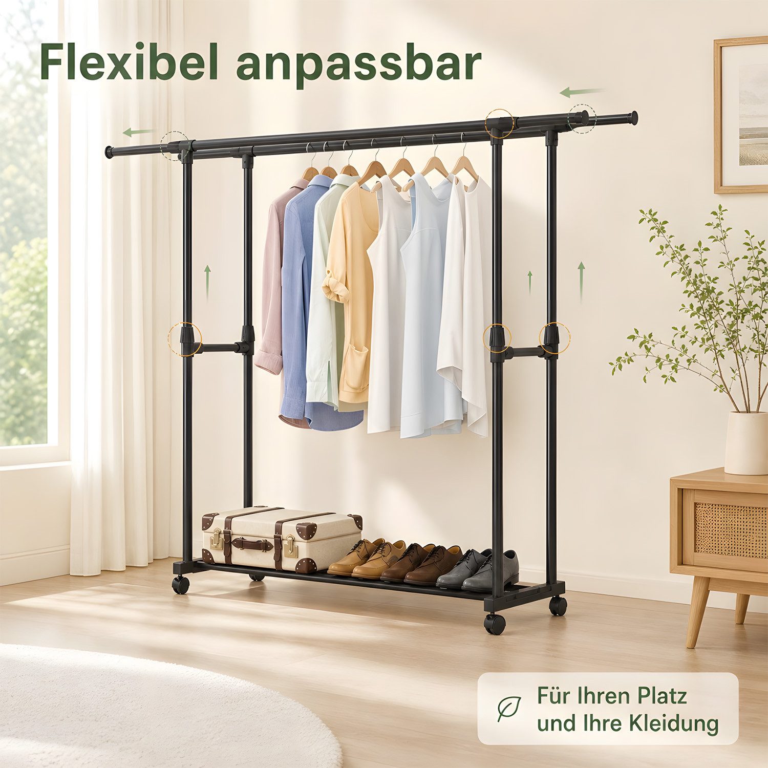HEYHIPPO Kleiderstange Kleiderständer ausziehbar,höhenverstellbar, mit Rollen & Schuhablage (höhenverstellbar bis 155cm, für Schlafzimmer, Wohnzimmer & Wäschera – Bild 4 von 5