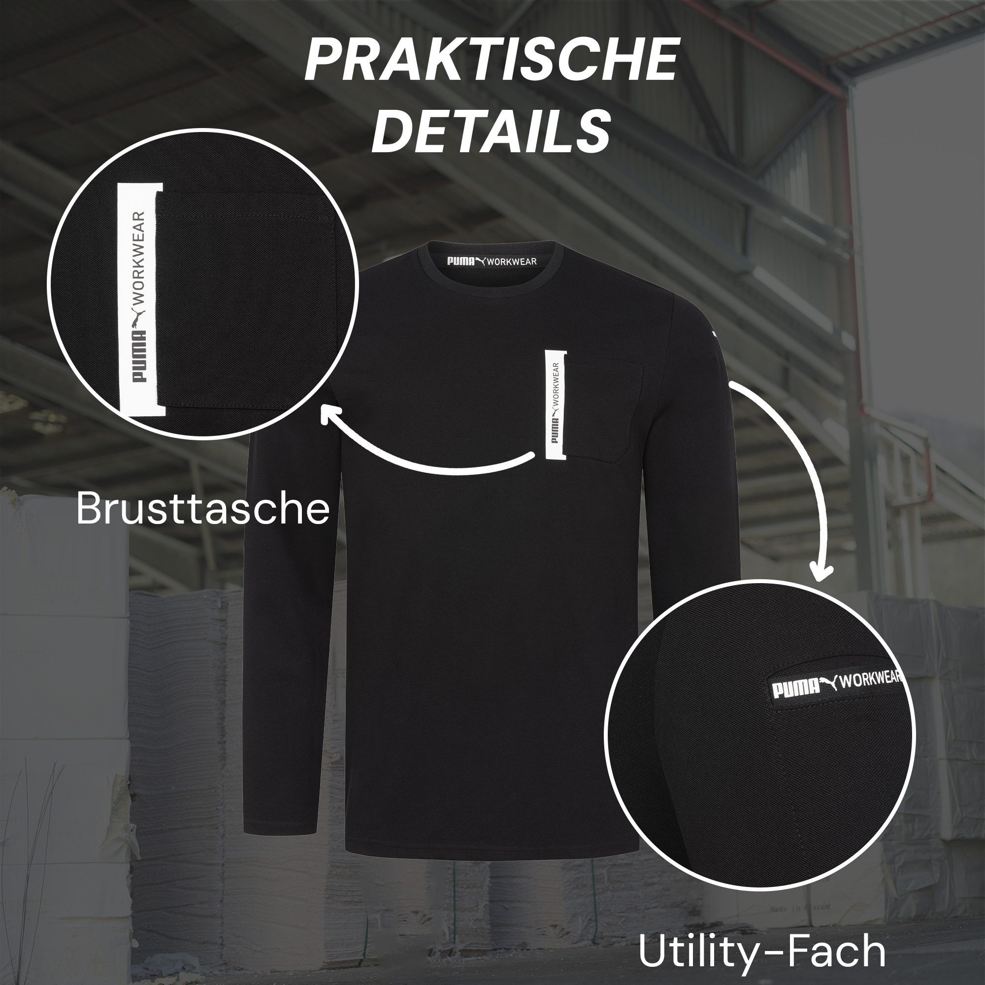 PUMA Workwear Longsleeve ADVANCED Langarm Shirt Herren mit Utility Fach am Oberarm Robustes und atmungsaktives Gewebe - Für Handwerk und Logistik