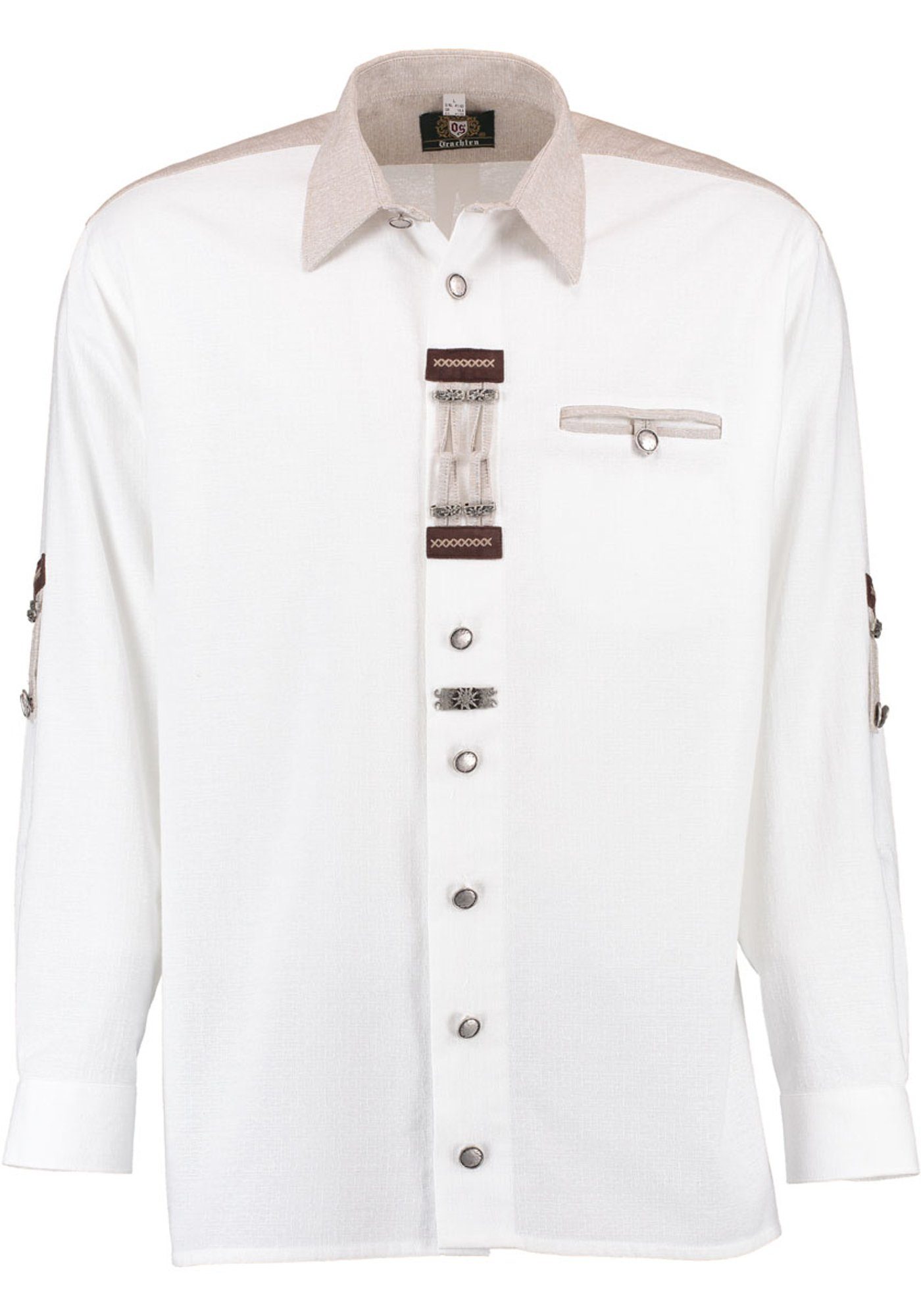 OS-Trachten Trachtenhemd Nevai Langarmhemd mit Paspeltasche, Zierteile auf der Knopfleiste weiß