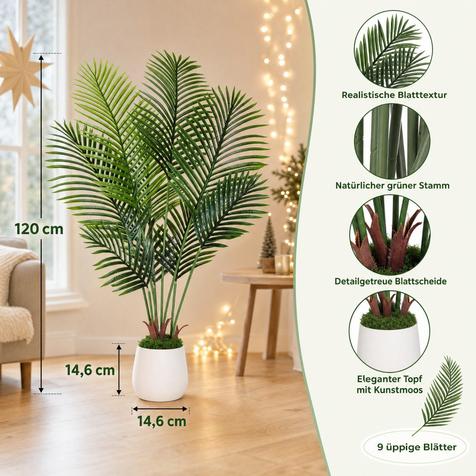 Kunstbaum Künstliche Areca Palme, TLGREEN, Höhe 120 cm, Tropische Pflanzen Deko für Innen Wohnzimmer Büro – Bild 2 von 5