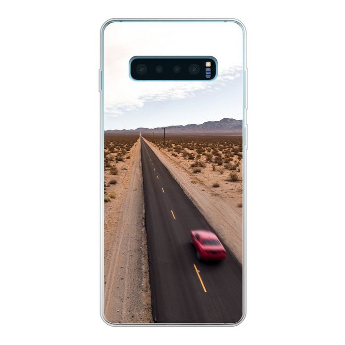 MuchoWow Handyhülle Rotes Luxusauto fährt auf der Route 66 in Kalifornien Phone Case Handyhülle Samsung Galaxy S10+ Silikon Schutzhülle