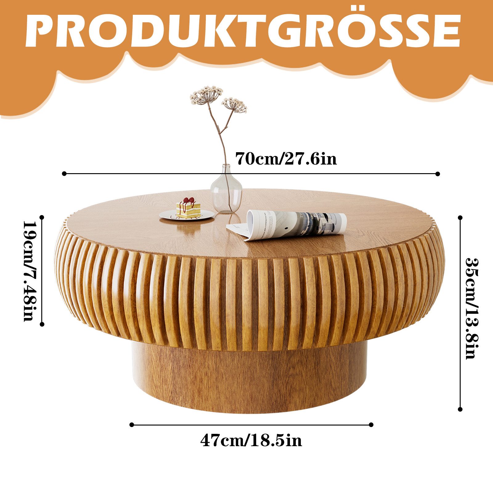 TWSOUL Couchtisch rund 70 cm modern, Wohnzimmertisch Holzoptik Rillenstruktur, braun, 70×35 cm